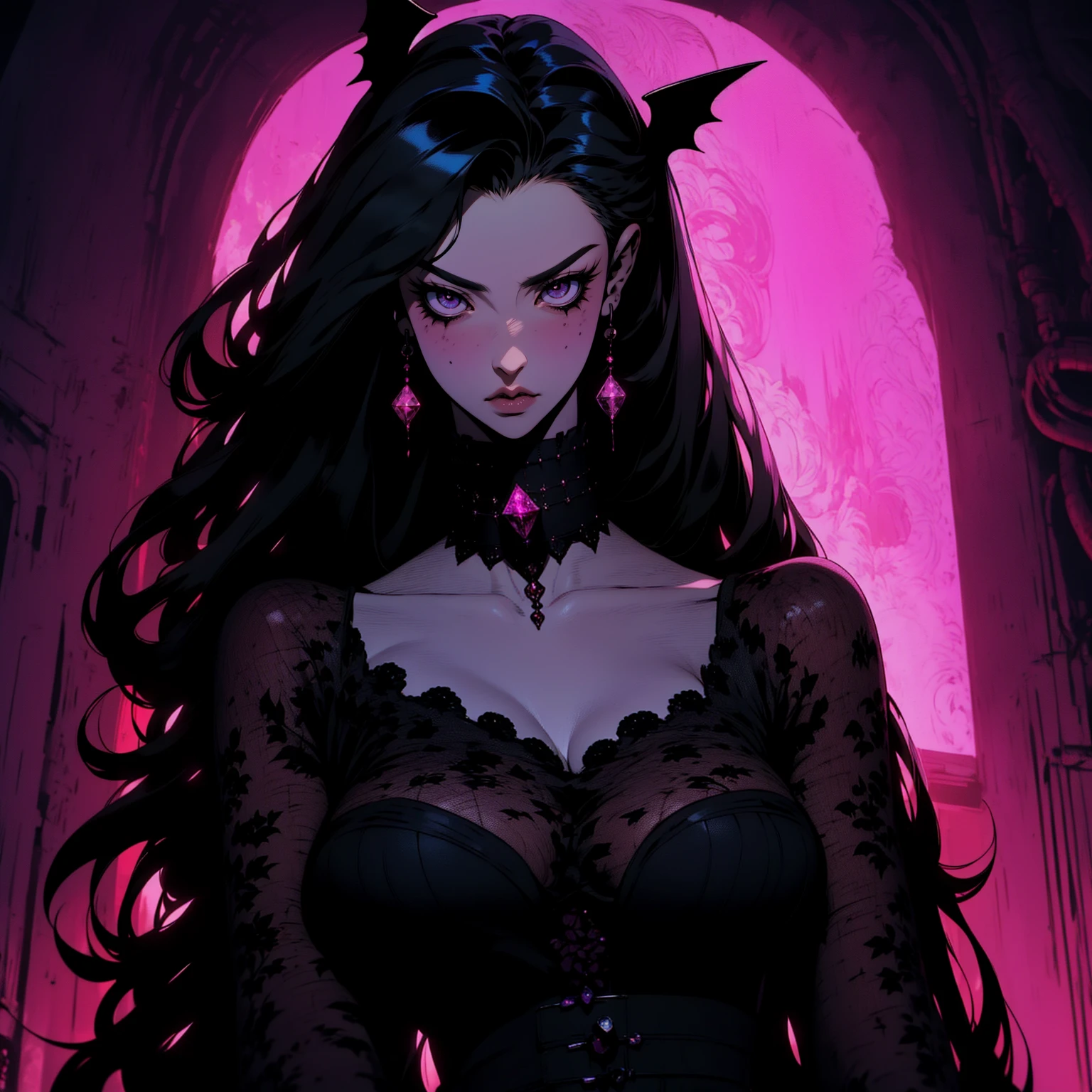 {-erro_de_anatomia:1.0} (best quality,4k,8k,highres,masterpiece:1.2) (masterpiece, top quality, best quality, official art, beautiful and aesthetic: 1.2), (1 woman: 1.3) Succubus girl, long black hair , magenta eyes, (crystal eyes) succubus wings, magenta pant, magenta gloves, attractive, moonlight, dinamic poses, perfect hands (perfect fingers), angry face, dinamicc poses