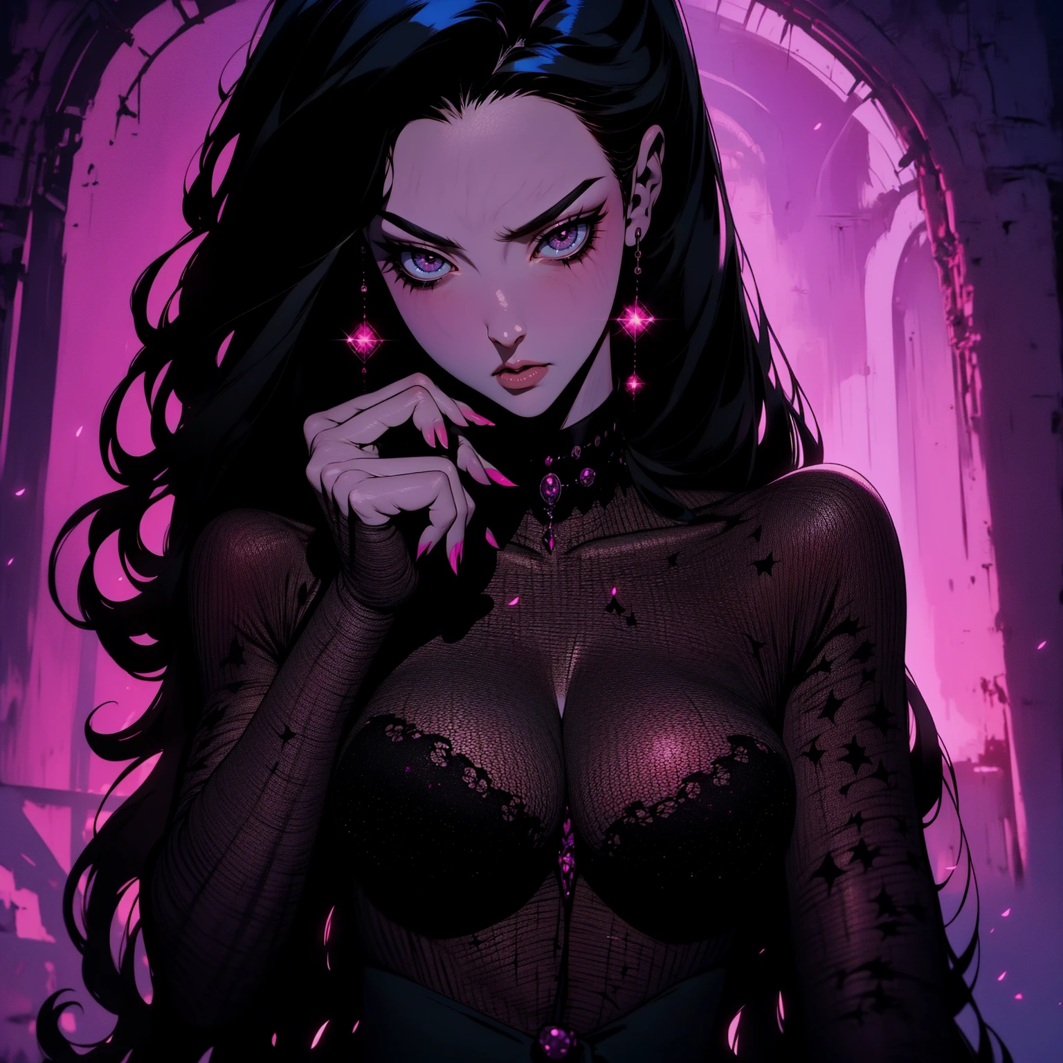 {-erro_de_anatomia:1.0} (best quality,4k,8k,highres,masterpiece:1.2) (masterpiece, top quality, best quality, official art, beautiful and aesthetic: 1.2), (1 woman: 1.3) Succubus girl, long black hair , magenta eyes, (crystal eyes) succubus wings, magenta pant, magenta gloves, attractive, moonlight, dinamic poses, perfect hands (perfect fingers), angry face, dinamicc poses