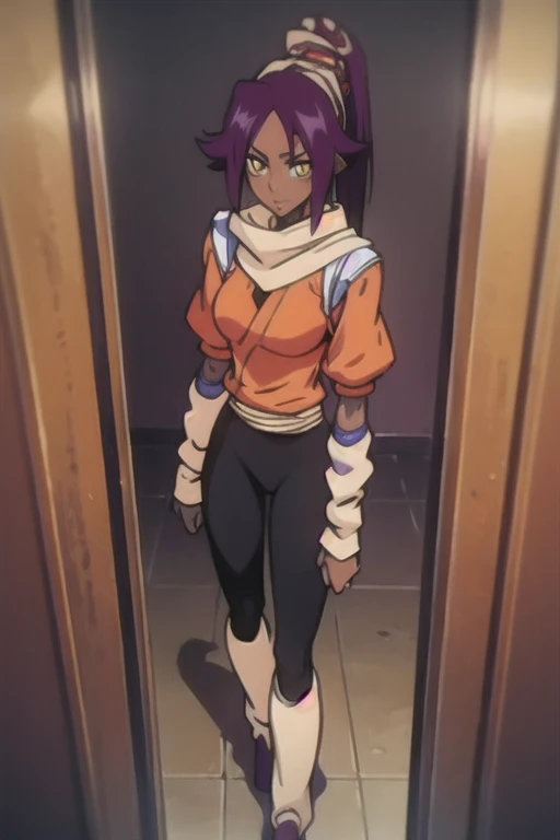 8K, (best quality:1.3), (masterpiece:1.3), (detailed:1.2), ultra high res, colorful, extremely detailed eyes and face, beautiful detailed eyes, POV, looking in mirror, orange shirt, shihouin yoruichi, 1girl, solo, dark skinned female, dark skin, ponytail long hair, parted bangs, purple hair, yellow eyes, black leggings, waist accessory, scarf, gloves, ((leg warmers)), white shoulder straps,
