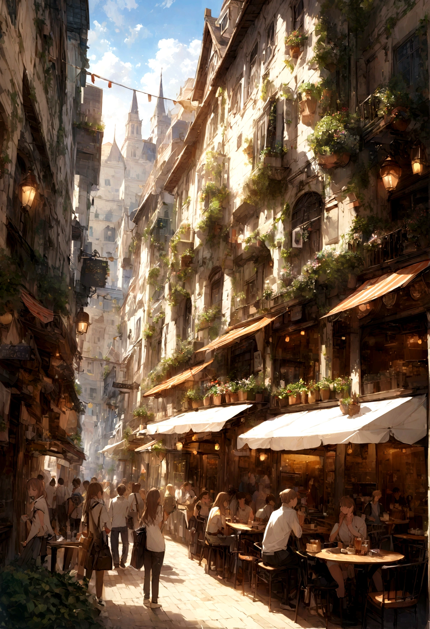 Photos of the café, sunny, architecture, Busy Street, Ultra-high quality, Extremely detailed