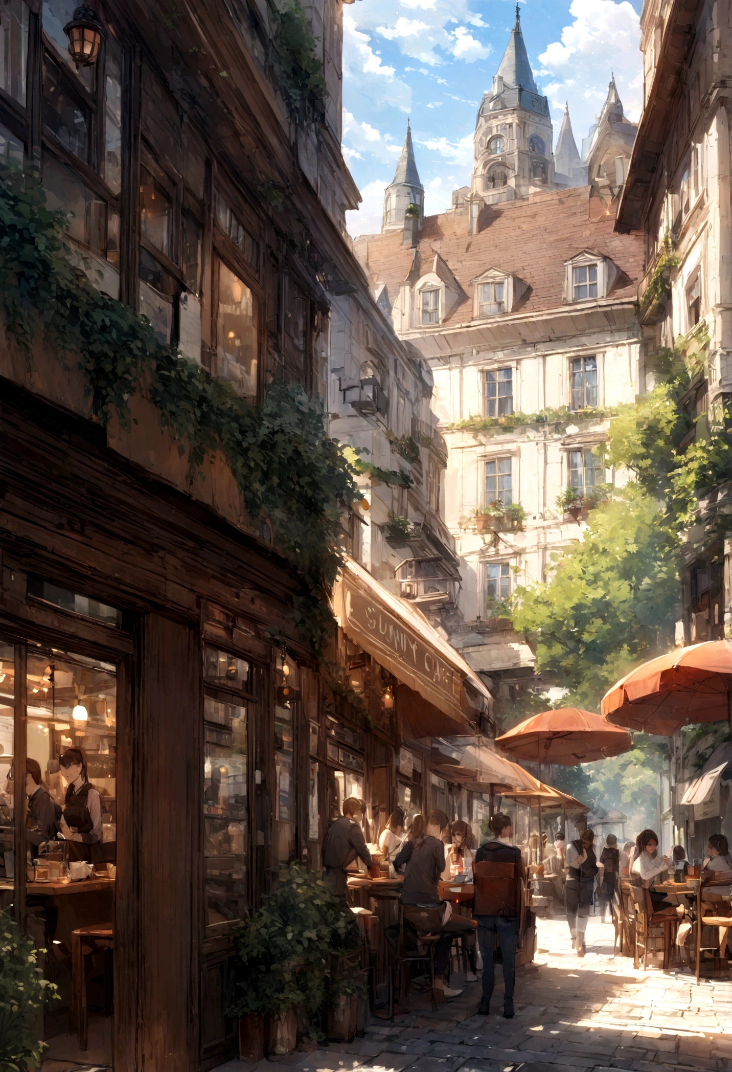 Photos of the café, sunny, architecture, Busy Street, Ultra-high quality, Extremely detailed