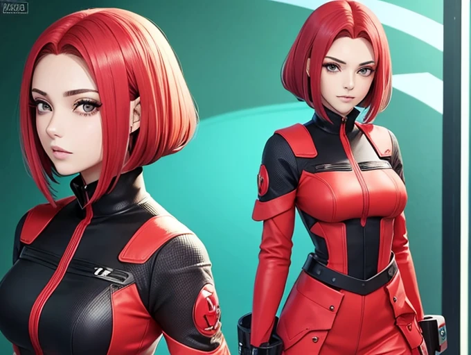 Mulher.cabelo vermelho.olhos amarelos.roupa futurista.estilo anime