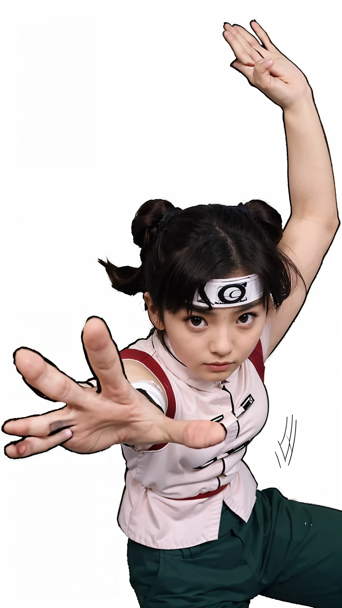 Erika Sawajiri como TenTen, Extremely Realistic, Very Beautiful, 12 years old, Rock Lee fighting pose, hand with bandages, white belt
