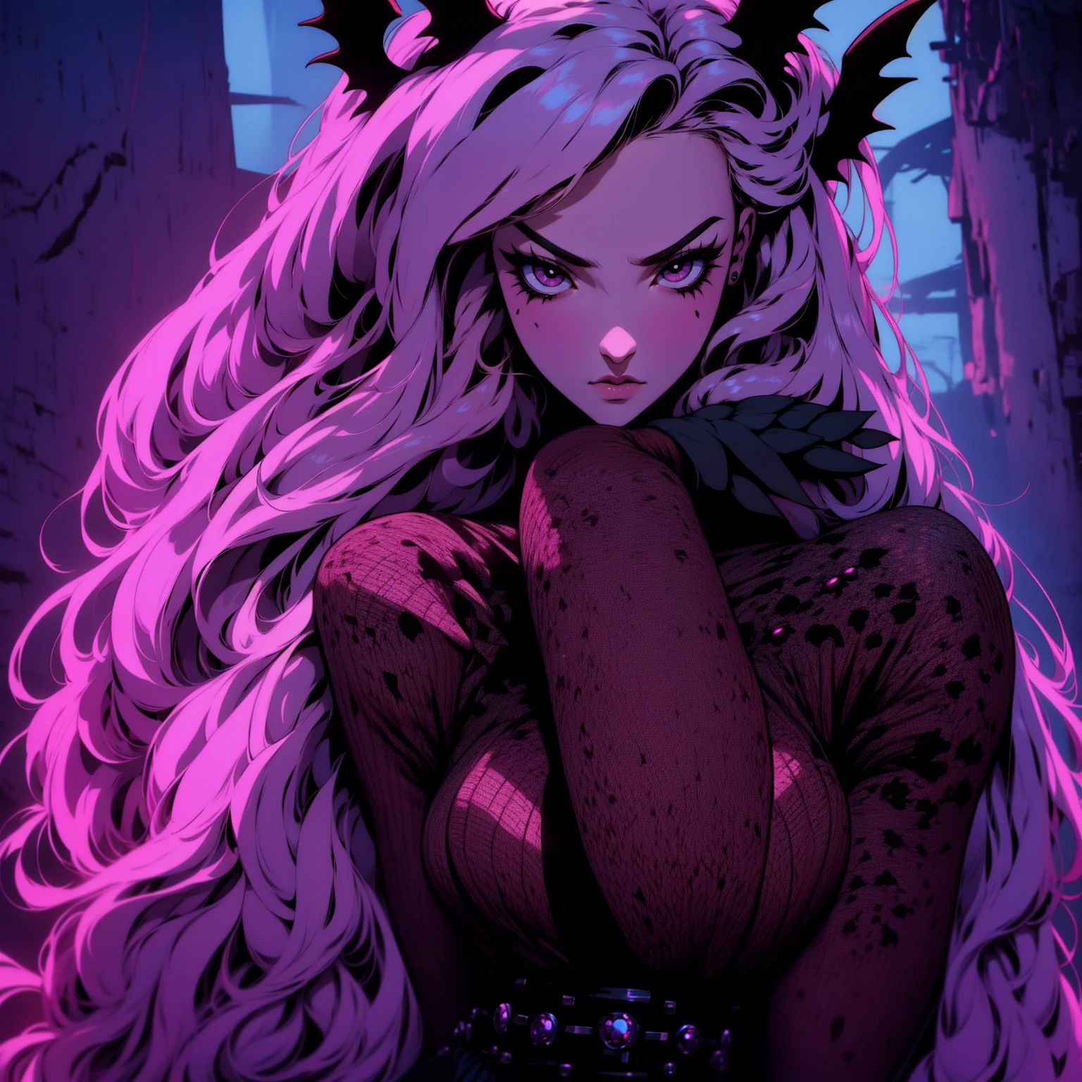 {-erro_de_anatomia:1.0} (best quality,4k,8k,highres,masterpiece:1.2) (masterpiece, top quality, best quality, official art, beautiful and aesthetic: 1.2), (1 woman: 1.3) Succubus girl, long mint hair , magenta eyes, (crystal eyes) succubus wings, magenta pant, magenta gloves,  attractive, moonlight, dinamic poses,  perfect hands (perfect fingers), angry face, dinamicc poses