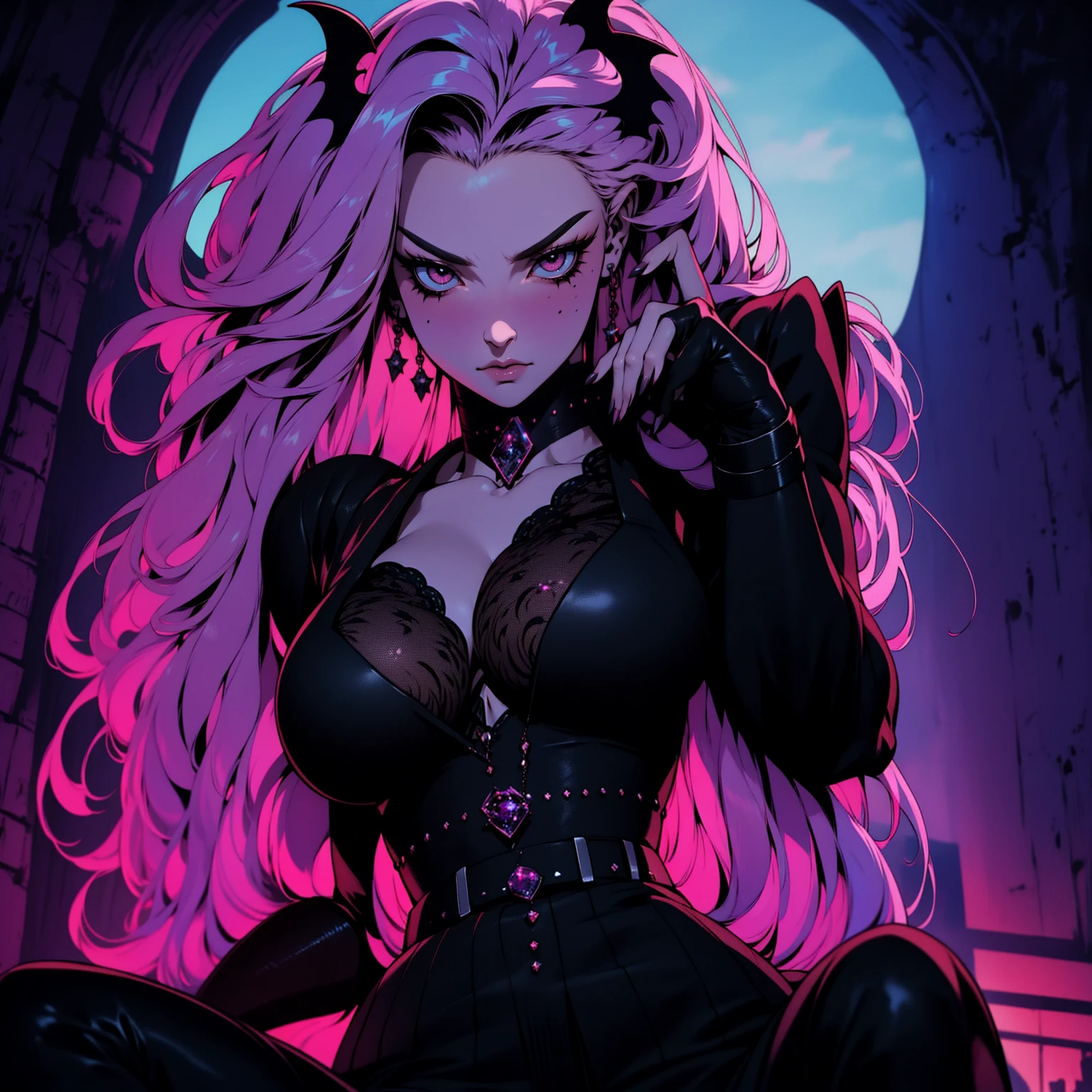 {-erro_de_anatomia:1.0} (best quality,4k,8k,highres,masterpiece:1.2) (masterpiece, top quality, best quality, official art, beautiful and aesthetic: 1.2), (1 woman: 1.3) Succubus girl, long mint hair , magenta eyes, (crystal eyes) succubus wings, magenta pant, magenta gloves,  attractive, moonlight, dinamic poses,  perfect hands (perfect fingers), angry face, dinamicc poses