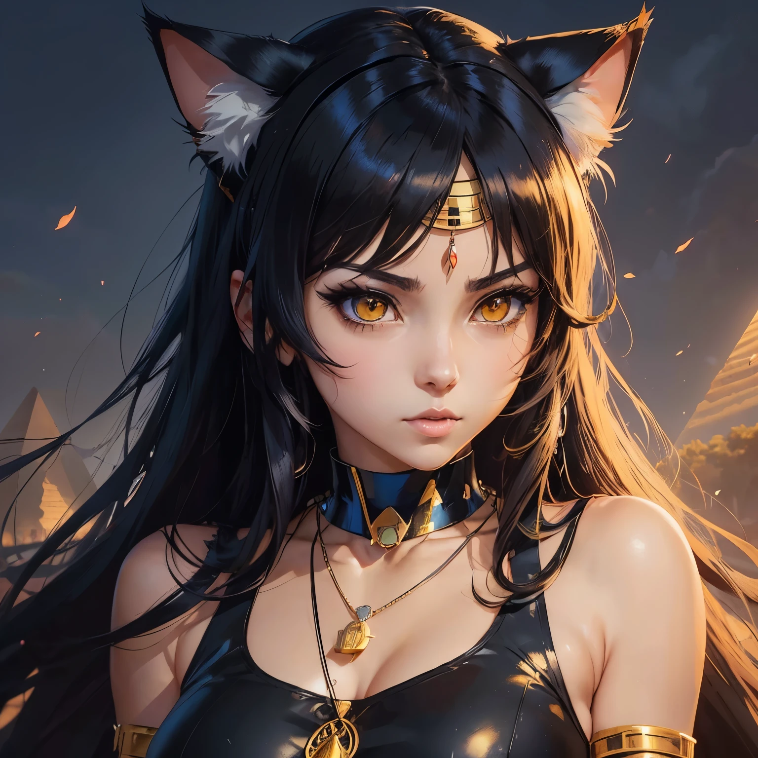 ((Anime character with cat ears and egyptian necklace on)), girl with cat ears, artwork in the style of guweiz, in an anime style, anime girl catgirl, emo girl with cat ears and tail, anime style portrait, in anime style, digital anime illustration, flat anime style shading, ((ancient egypt background))