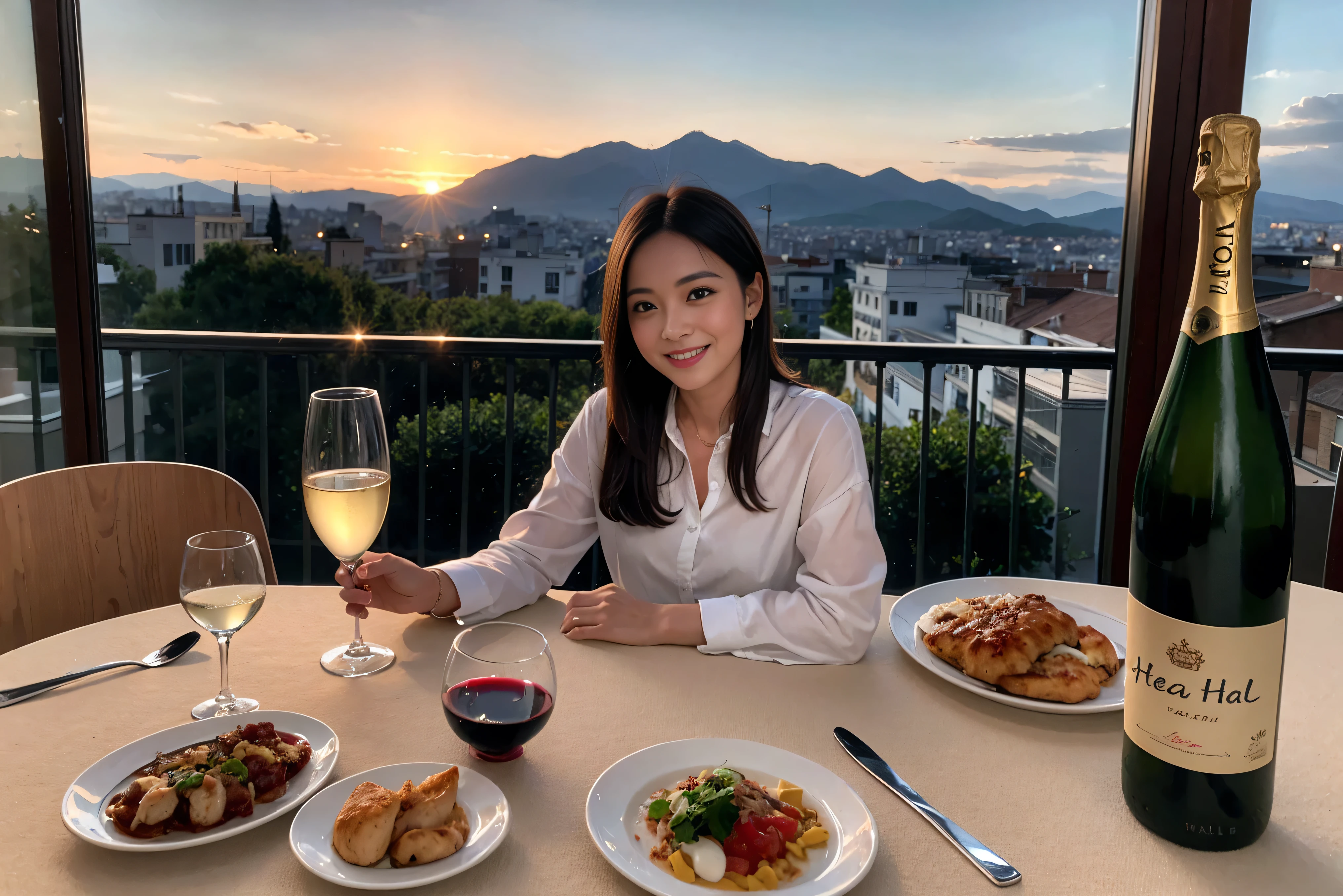 ((highest quality、8k、masterpiece:1.3))、1 male、1 female、lover、Beautiful couple、Japanese couple、Smile、Dinner Course、Appetizers、Italian food、 (Slim face), (the body is スリム), (Brown Hair), (Shortcuts), ((Bob Hale、Straight hair:1.2)), Wine glass on the table、Please shine a light on my face、 Amazing view of the sunset sky and clouds、Amazing mountain views、The beauty of a smile、Bright image、Blushing, Shortcuts,Bright Face、 (36 years old), 39 years old, red wine 、Wine bottle、Champagne、sparkling wine、Long sleeve shirt、dress、Attractive beauty、restaurant, Nova Frog Style, actress, model, Upper Body, White wine, red wine, wine glass,