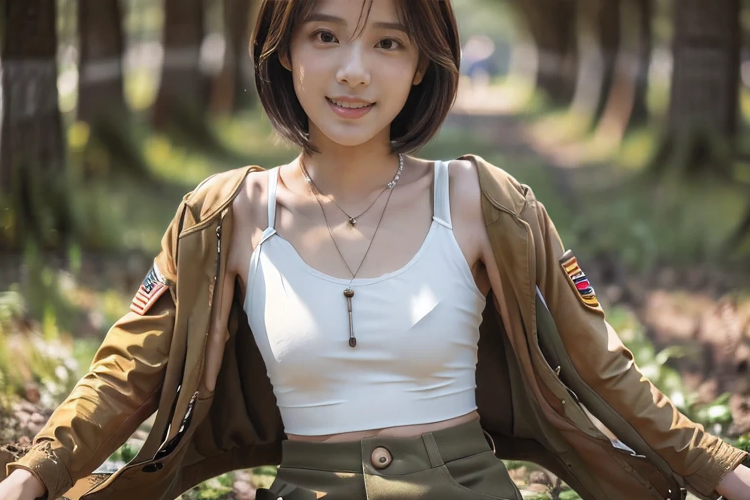 (An 18-year-old woman enjoying a survival game in the forest:1.5)、(Gentle smile:1.2)、(The best quality at its best:1.4), (Super detailed), (Very detailed CG unified 16k), Beautiful woman with perfect figure: 1.4, Sharp focus: 1.2, Very detailed, High-quality RAW color photos, Professional photography, Great face and eyes, cosmetics, (Amazingly beautiful girl), ((Car yellow military pants、White tank top and military jacket:1.5)), Sexy posture,(View from below), Realistic movie faces, Full body long view from head to toe, Realistic, ((Realistic natural orange red hairstyle)), ( Short Bob Hair:1.5), (necklace:1.5)、, Very beautiful face, Perfect model beauty, Mouth swelling, Highly detailed face and skin texture, Fine grain, double eyelid, Medium chest, smile, (masterpiece), highest quality, High resolution, Very detailed, Blurred Background, Depth of written boundary, Cinema Lighting, Great legs, , Clear, well-maintained skin,