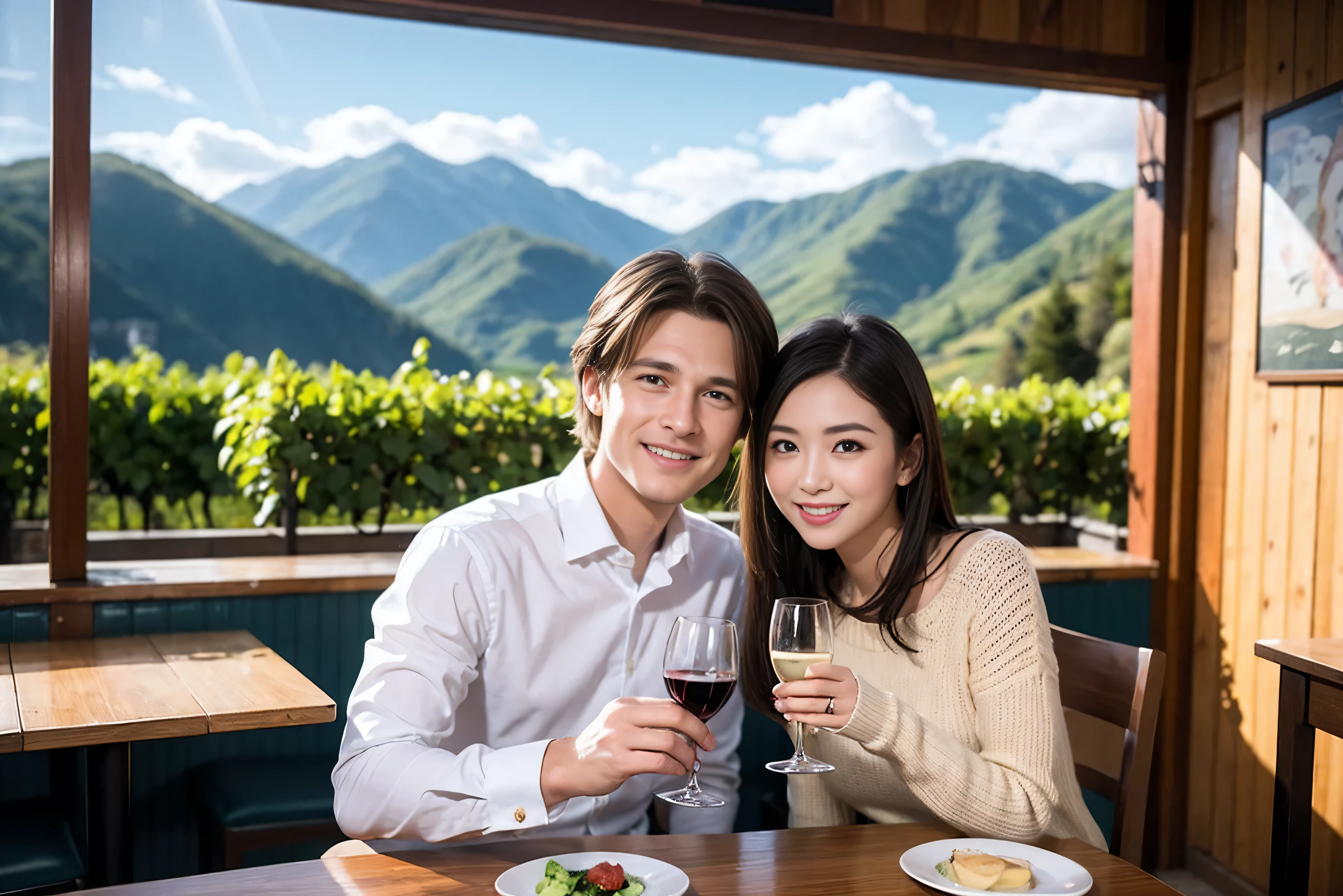 ((highest quality、8k、masterpiece:1.3))、1 male、1 female、lover、Beautiful couple、Japanese couple、Smile、Dinner Course、Appetizers、Italian food、 (Slim face), (the body is スリム), (Brown Hair), (Shortcuts), ((Bob Hale、Straight hair:1.2)), Wine glass on the table、Please shine a light on my face、 Amazing view of the sunset sky and clouds、Amazing mountain views、The beauty of a smile、Bright image、Blushing, Shortcuts,Bright Face、 (36 years old), 39 years old, red wine 、Wine bottle、Champagne、sparkling wine、Long sleeve shirt、dress、Attractive beauty、restaurant, Nova Frog Style, actress, model, Upper Body, White wine, red wine, wine glass,