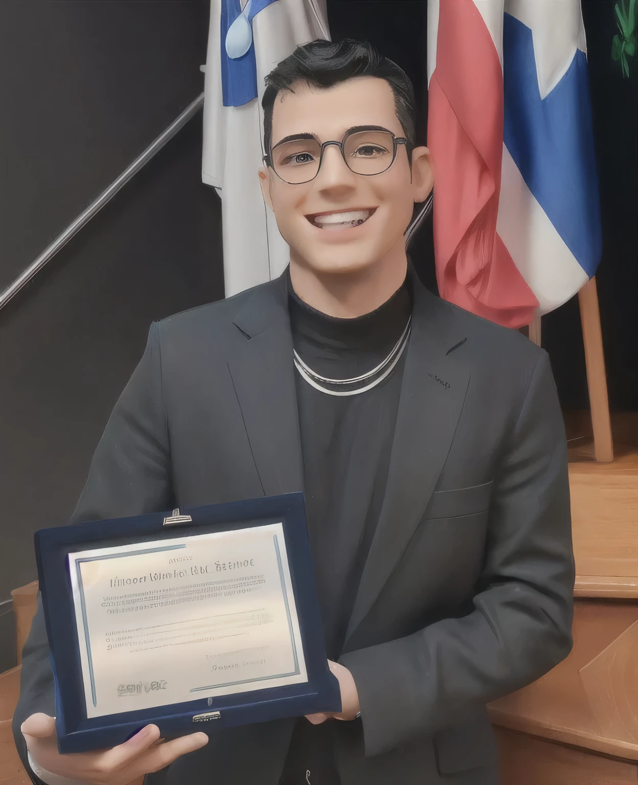disney-pixarstyle 3d a waist-length portrait of a man with shaved black hair, wearing round glasses and wearing a white coat, smile