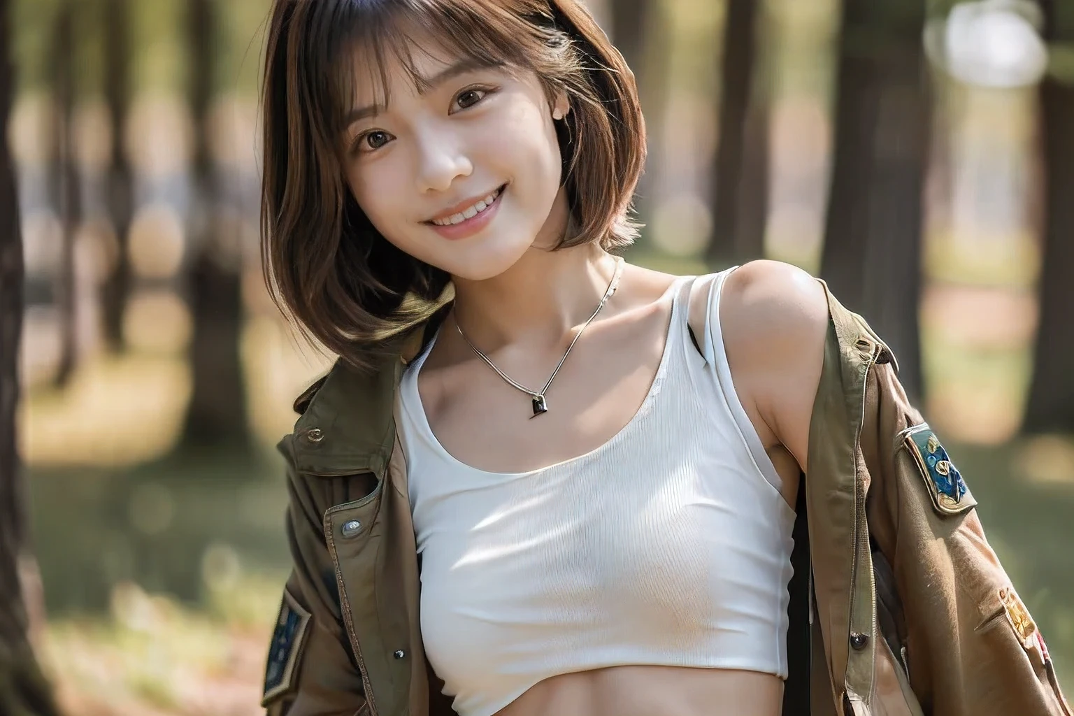(An 18-year-old woman enjoying a survival game in the forest:1.5)、(Gentle smile:1.2)、(The best quality at its best:1.4), (Super detailed), (Very detailed CG unified 16k), Beautiful woman with perfect figure: 1.4, Sharp focus: 1.2, Very detailed, High-quality RAW color photos, Professional photography, Great face and eyes, cosmetics, (Amazingly beautiful girl), ((Car yellow military pants、White tank top and military jacket:1.5)), Sexy posture,(View from below), Realistic movie faces, Full body long view from head to toe, Realistic, ((Realistic natural orange red hairstyle)), ( Short Bob Hair:1.5), (necklace:1.5)、, Very beautiful face, Perfect model beauty, Mouth swelling, Highly detailed face and skin texture, Fine grain, double eyelid, Medium chest, smile, (masterpiece), highest quality, High resolution, Very detailed, Blurred Background, Depth of written boundary, Cinema Lighting, Great legs, , Clear, well-maintained skin,