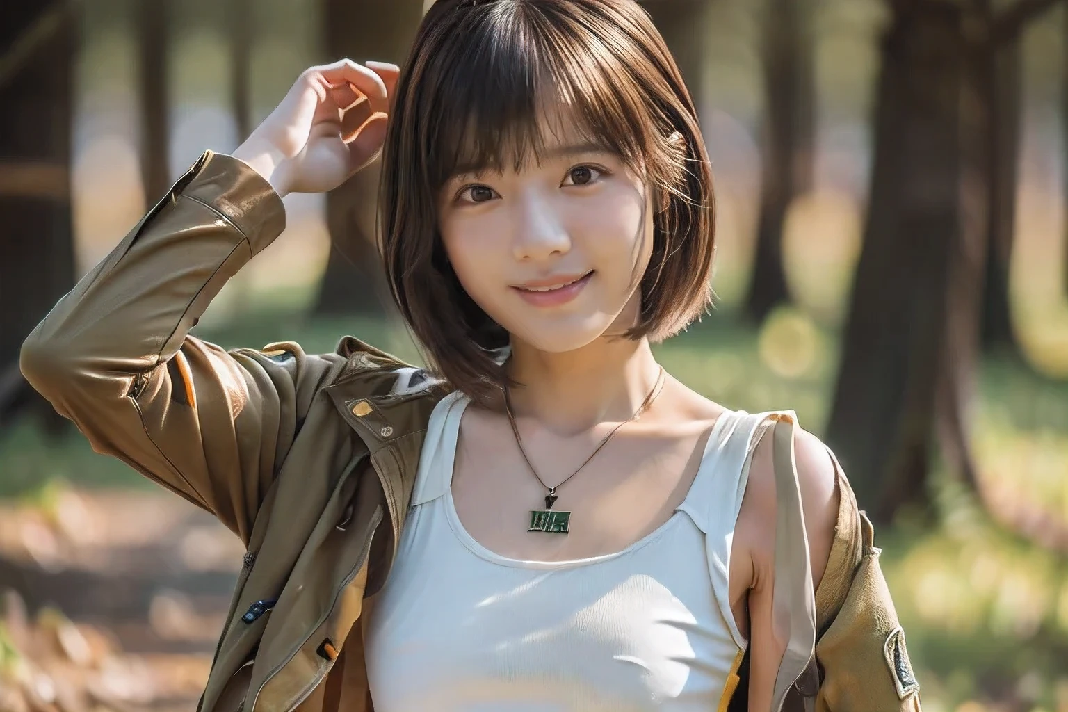 (An 18-year-old woman enjoying a survival game in the forest:1.5)、(Gentle smile:1.2)、(The best quality at its best:1.4), (Super detailed), (Very detailed CG unified 16k), Beautiful woman with perfect figure: 1.4, Sharp focus: 1.2, Very detailed, High-quality RAW color photos, Professional photography, Great face and eyes, cosmetics, (Amazingly beautiful girl), ((Car yellow military pants、White tank top and military jacket:1.5)), Sexy posture,(View from below), Realistic movie faces, Full body long view from head to toe, Realistic, ((Realistic natural orange red hairstyle)), ( Short Bob Hair:1.5), (necklace:1.5)、, Very beautiful face, Perfect model beauty, Mouth swelling, Highly detailed face and skin texture, Fine grain, double eyelid, Medium chest, smile, (masterpiece), highest quality, High resolution, Very detailed, Blurred Background, Depth of written boundary, Cinema Lighting, Great legs, , Clear, well-maintained skin,