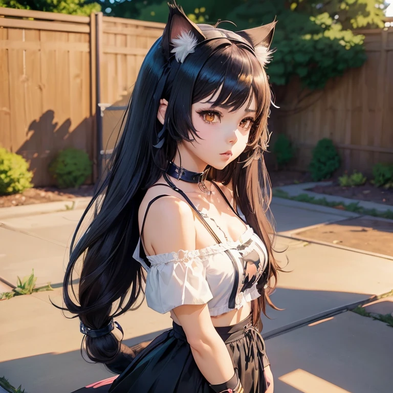 ((Anime character with cat ears and pet collar on)), girl with cat ears, artwork in the style of guweiz, in an anime style, anime girl catgirl, emo girl with cat ears and tail, anime style portrait, in anime style, digital anime illustration, flat anime style shading, ((On a backyard with a fence at background))