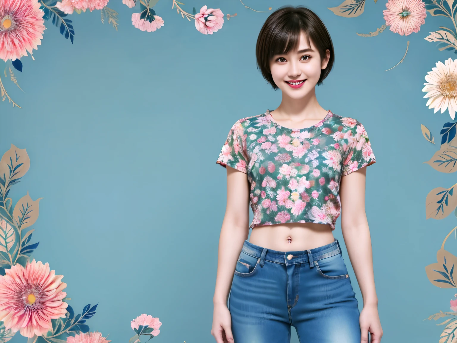 238 18-year-old female, short hair, (Jeans andＴ-shirt), A kind smile, lipstick, Abdominal muscles, (Floral Background、Fractal Patterns)