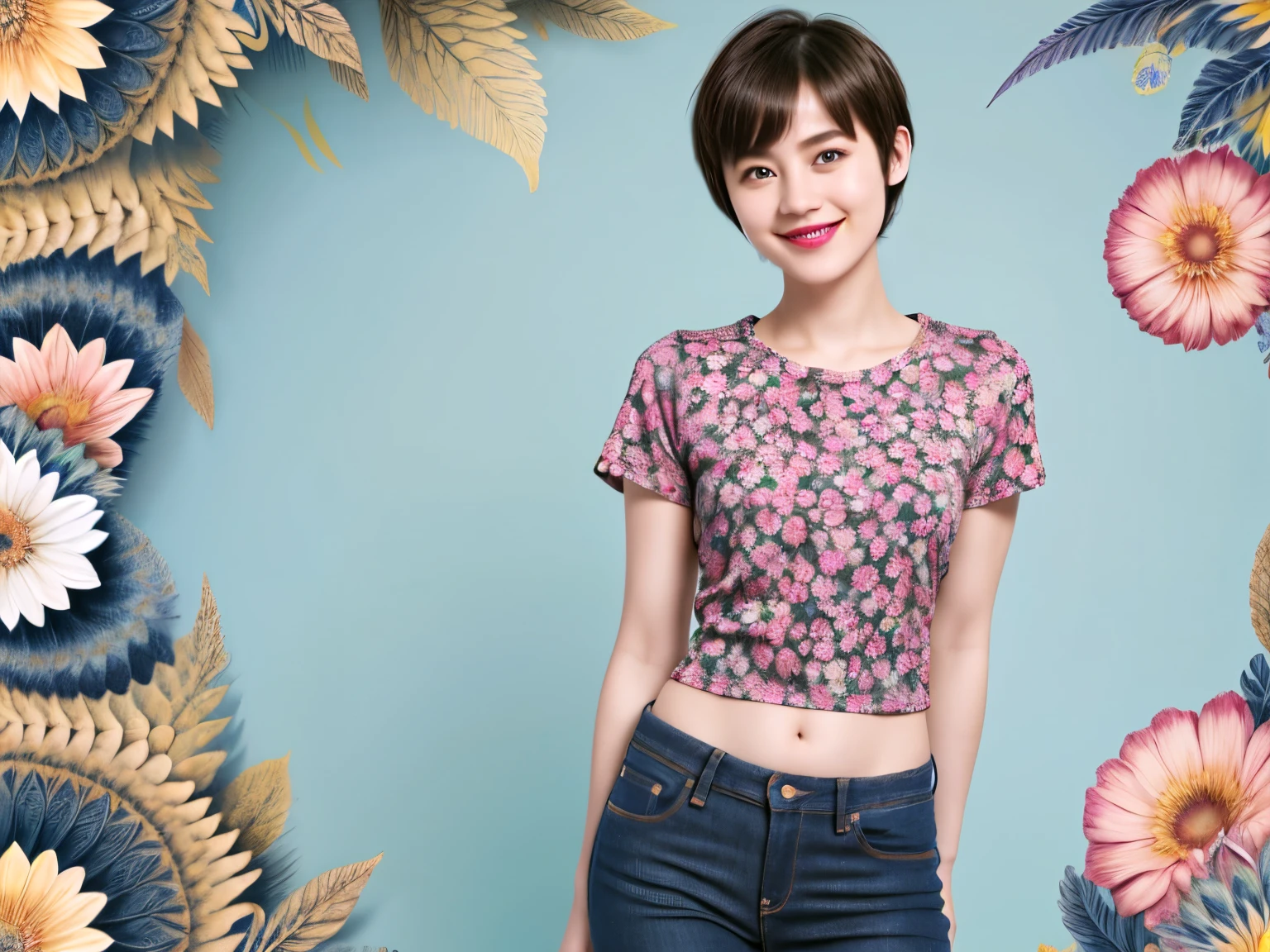 238 18-year-old female, short hair, (Jeans andT-shirt), A kind smile, lipstick, Abdominal muscles, (Floral Background、Fractal Patterns)
