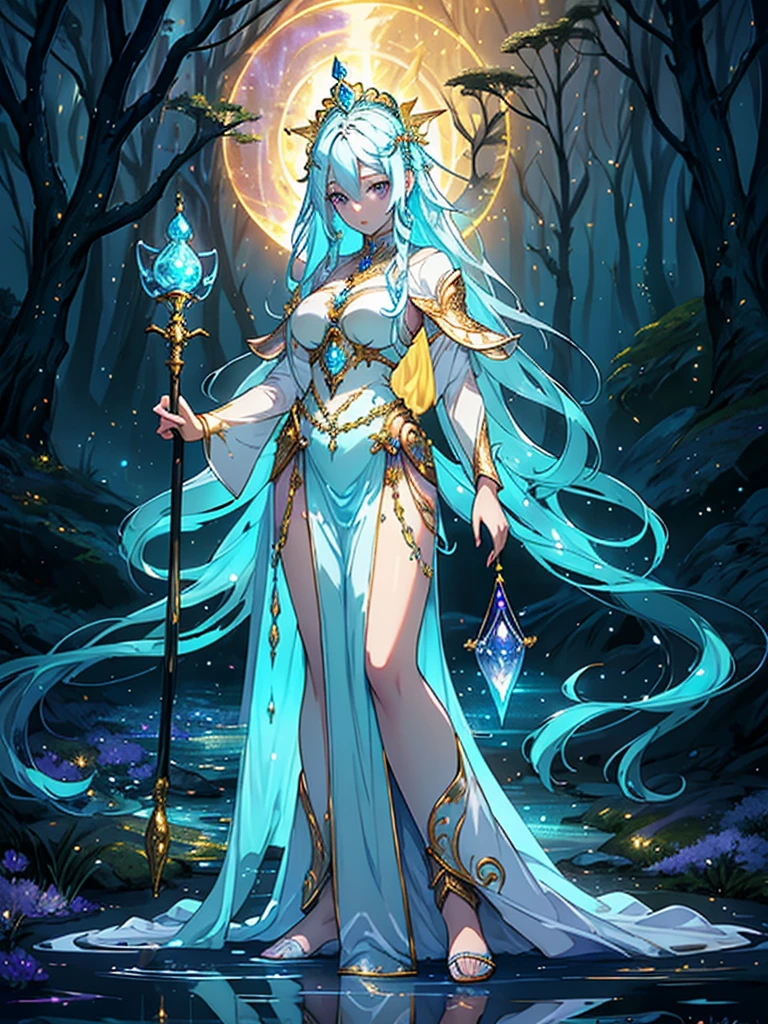 stunning, wavy blonde hair, blue sparkling eyes, glowing skin, delicate facial features, graceful posture, long elven ears, flowing robes, intricate staff, magical aura, enchanting forest background, ethereal lighting, mystical atmosphere, fantasy portrait, detailed rendering, highres, vivid colors, elven princess, majestic presence, captivating gaze, elven symbols, mystical creatures, enchantment, elven grace, elven beauty, elven magic, full body.