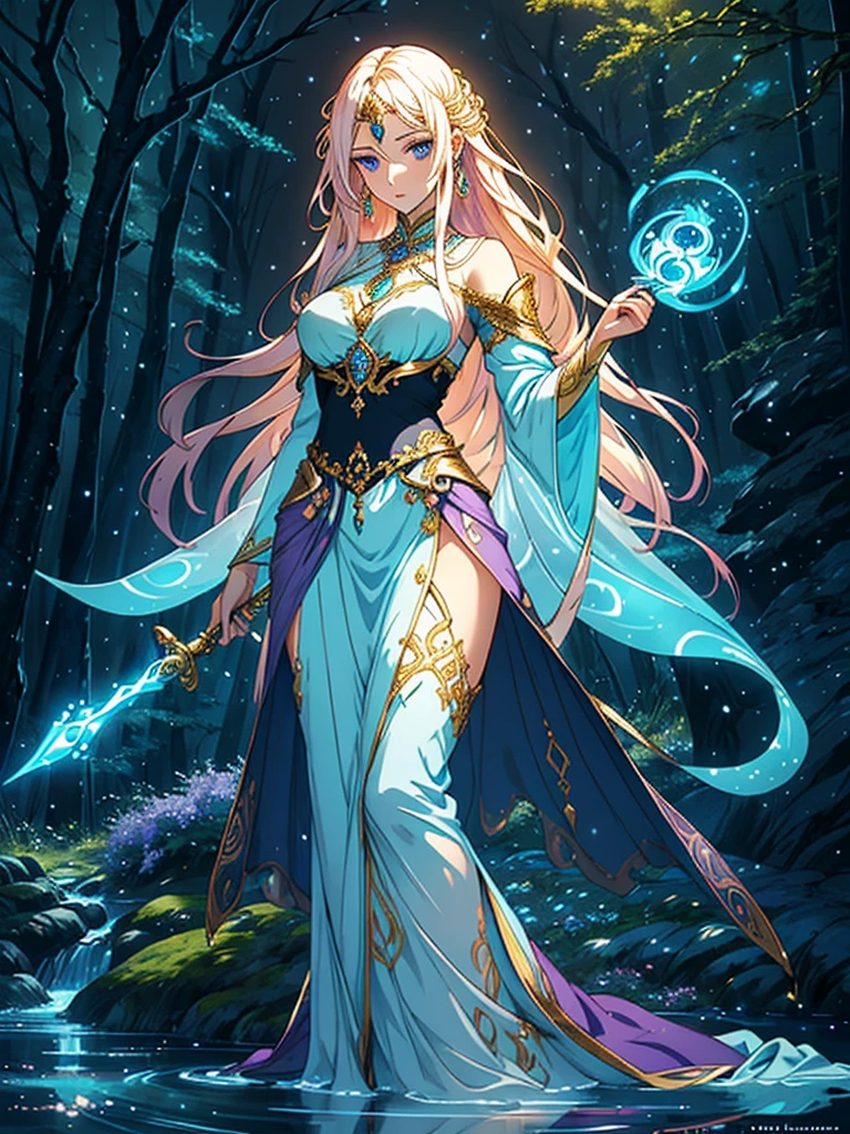 A stunning artwork of a majestic female character standing in an enchanting, mystical landscape. The full-body view showcases her in stylish and unique clothes of gold and purple, exuding an aura of elegance and power. Her long, flowing golden hair frames a face of regal beauty, highlighted by light blue eyes that radiate wisdom and an otherworldly charm. She holds a magic staff, intricately designed and glowing with mystical energy, adding to her majestic presence.

The scenery around her is a fantastical forest bathed in twilight, with towering ancient trees and luminescent flora. A serene river flows nearby, reflecting the soft glow of a setting sun. Fireflies and ethereal lights float in the air, enhancing the magical atmosphere of this tranquil setting.