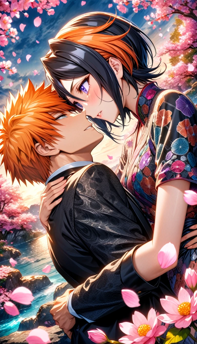 Ultra detailed, highres, absurdres, HDR, master piece, Kurosaki Ichigo, orange hair, expressive brown eyes, Kuchiki Rukia, black hair, expressive purple eyes, black clothes with patterns, Bleach, fantasy, petals, blossoms, pink flowers, water, a handsome man together with a beautiful woman, sexy, couple, love, magic, best quality, extremely detailed face and eyes,