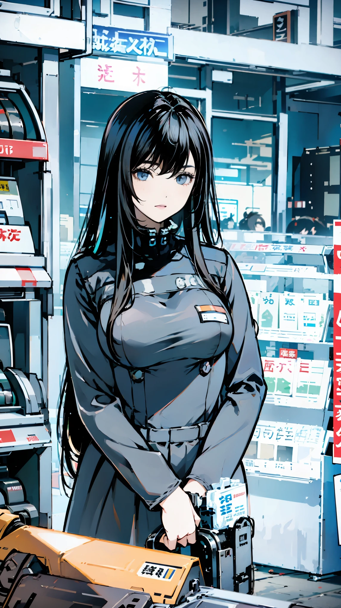 In front of the convenience store、front、Black Uniform、Black Hair、Long Hair、22 years old、