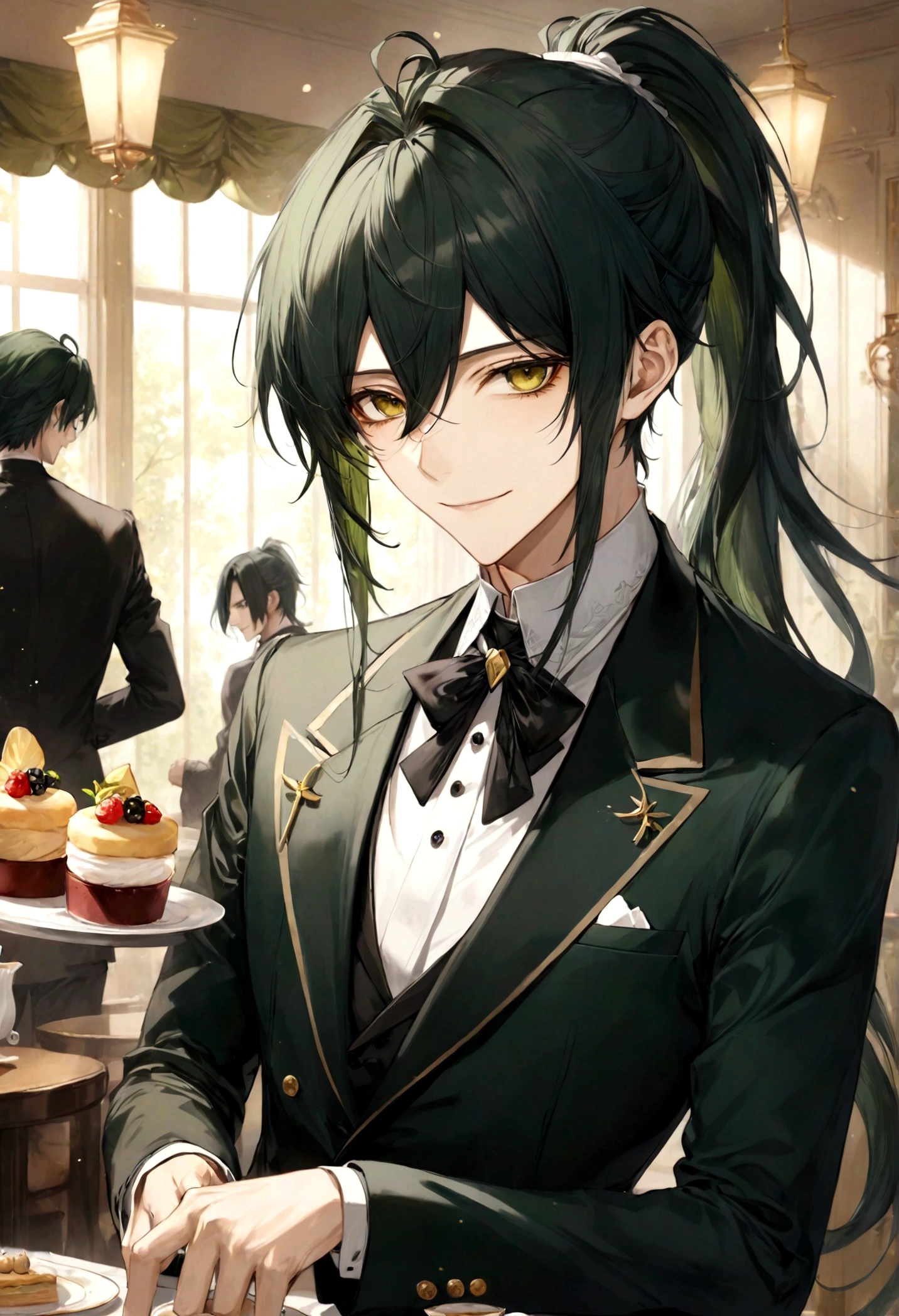 ((top-quality)), ((masterpiece)), ((ultra-detailliert)), (extremely delicate and beautiful), handsome man, dark green hair, long straight hair, high ponytail hairstyle, golden eyes, serene expression, graceful smile, wearing black butler suit, tearoom background