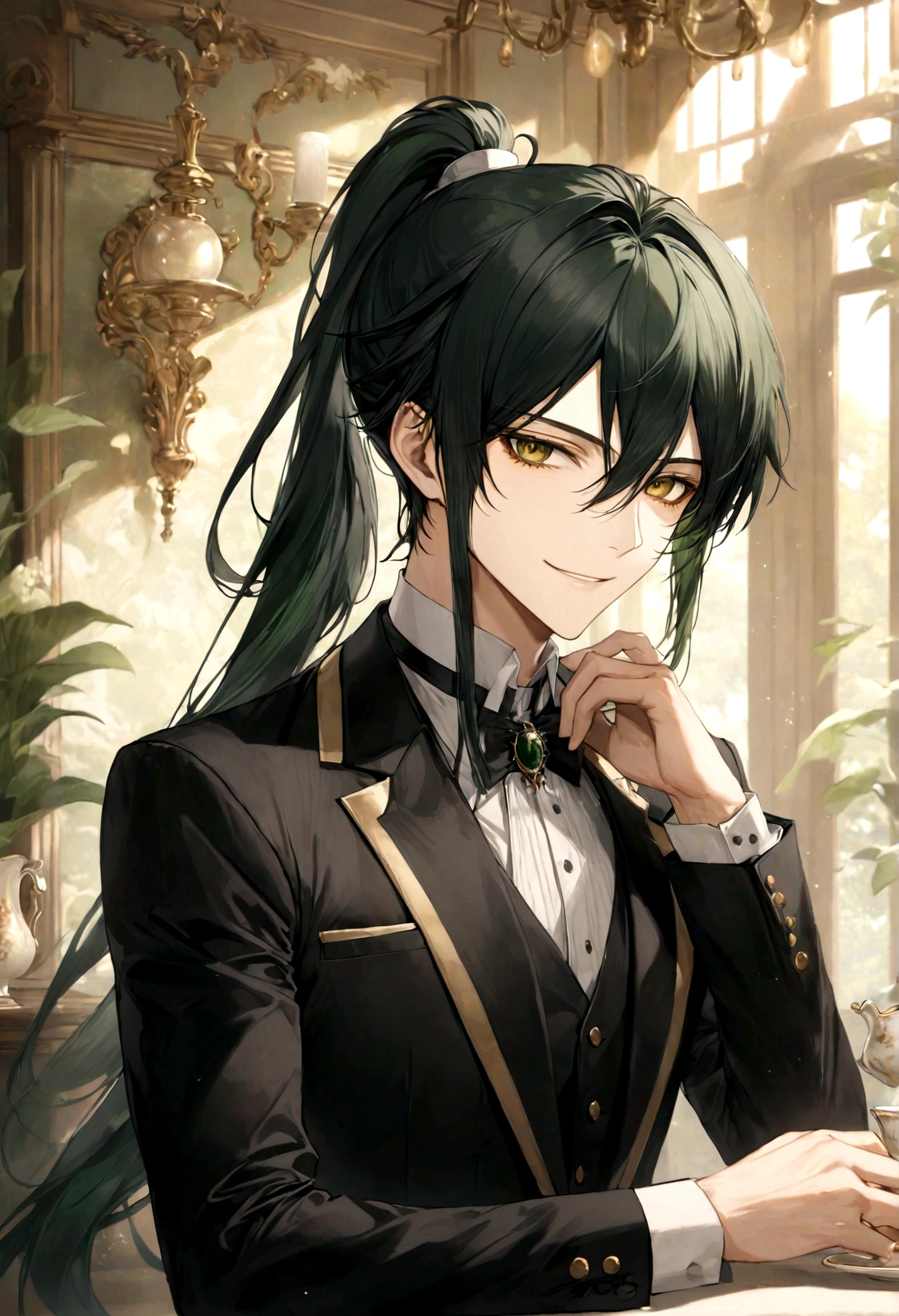 ((top-quality)), ((masterpiece)), ((ultra-detailliert)), (extremely delicate and beautiful), handsome man, dark green hair, long straight hair, high ponytail hairstyle, golden eyes, serene expression, graceful smile, wearing black butler suit, tearoom background
