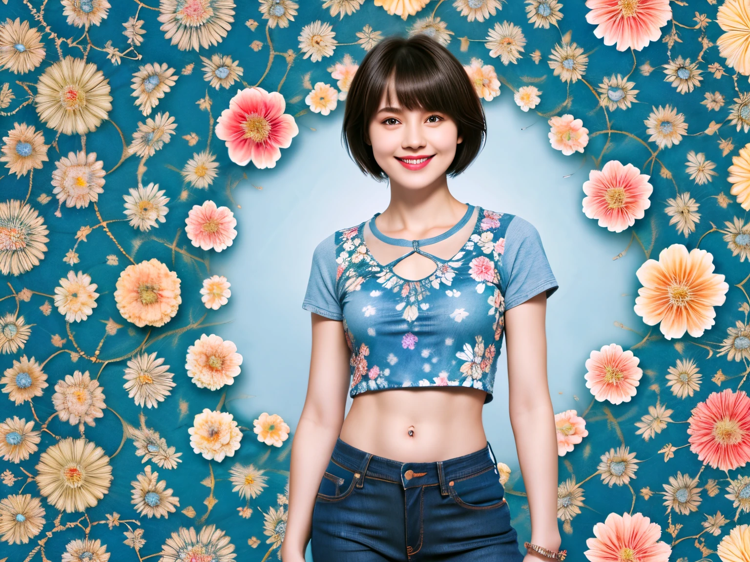 238 18-year-old female, short hair, (Jeans andＴ-shirt), A kind smile, lipstick, Abdominal muscles, (Floral Background、Fractal Patterns)