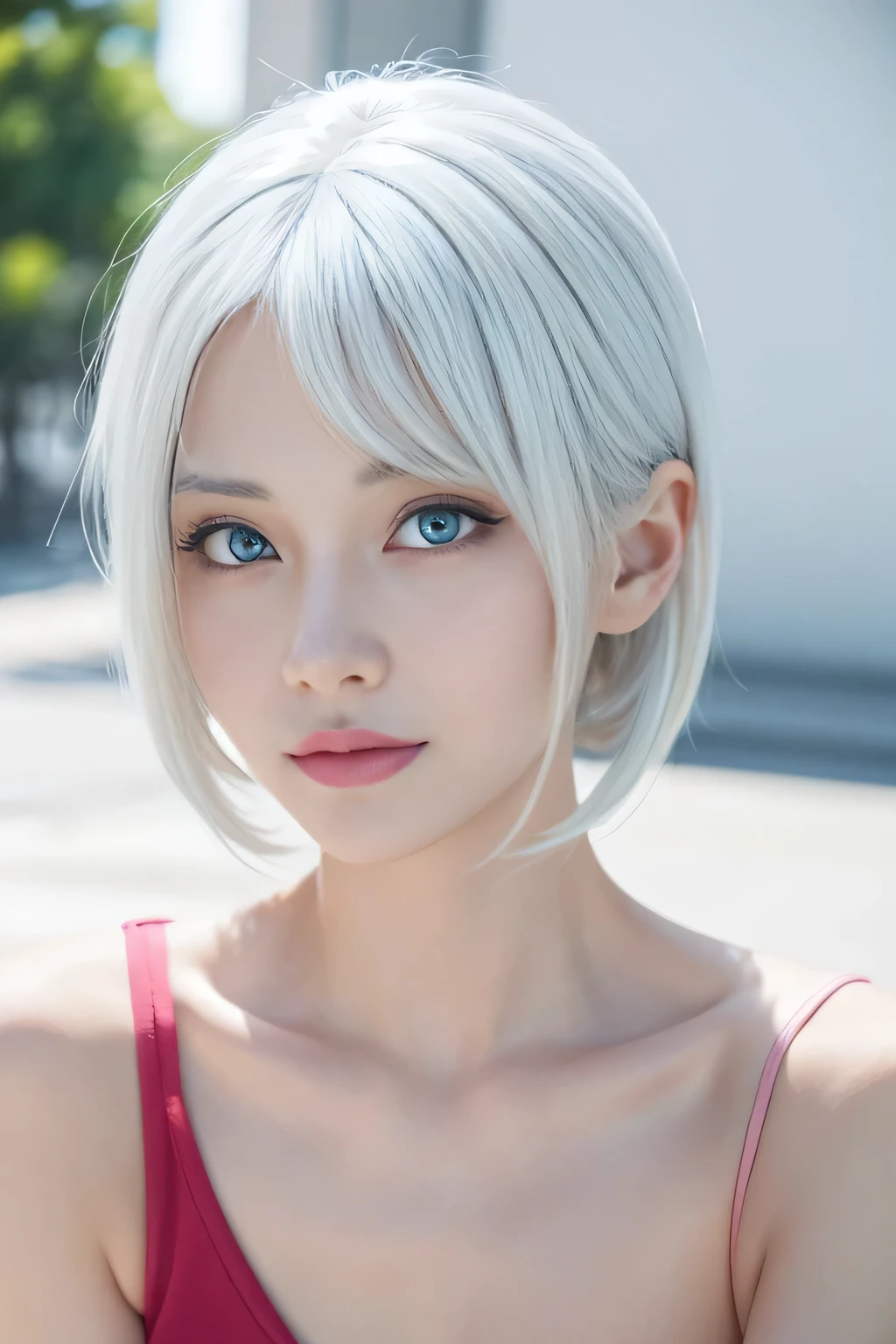 Beautiful one girl, rabbit ears, blue and green eyes, open white shirt bottons, white hair.