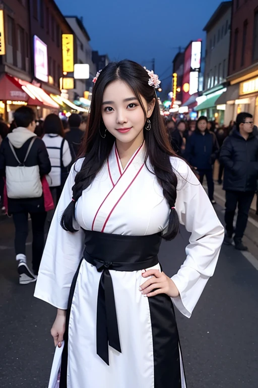 A beautiful Kpop idol with detailed facial features, big breasts, dark hairy pussy, standing in a detailed street scene at night with a crowd, wearing a hanfu with a happy smile, set against a beautiful detailed sky.