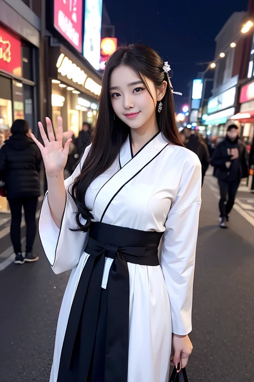 A beautiful Kpop idol with detailed facial features, big breasts, dark hairy pussy, standing in a detailed street scene at night with a crowd, wearing a hanfu with a happy smile, set against a beautiful detailed sky.