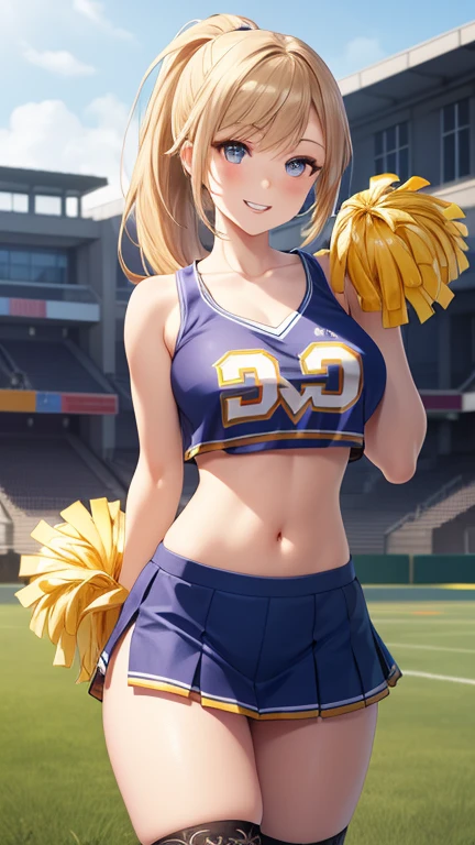 1girl, natural lighting, masterpiece, highly detailed, illustration, game CG, absurdres, high quality, beautiful detailed eyes, ponytail, bangs, glossy lips, collarbone, cheerleader, midriff, school field, thigh highs, michievous grin, large breasts
