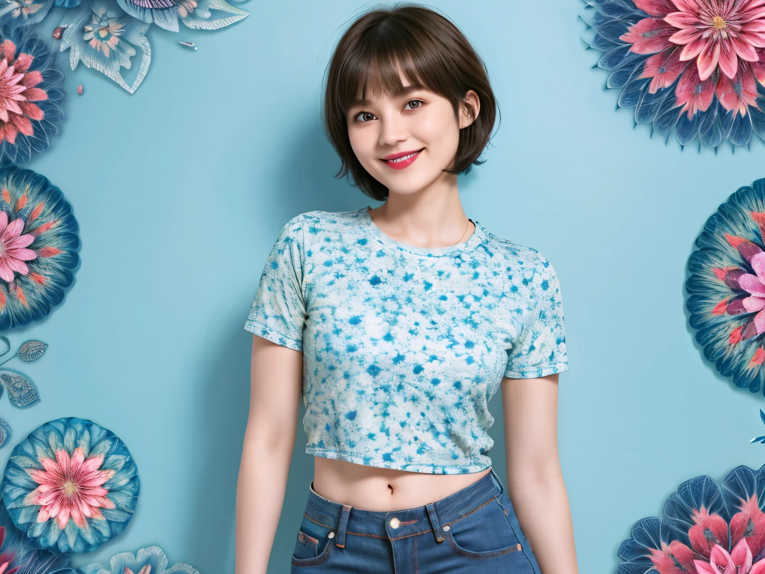 238 18-year-old female, short hair, (Jeans andＴ-shirt), A kind smile, lipstick, Abdominal muscles, (Floral Background、Fractal Patterns)