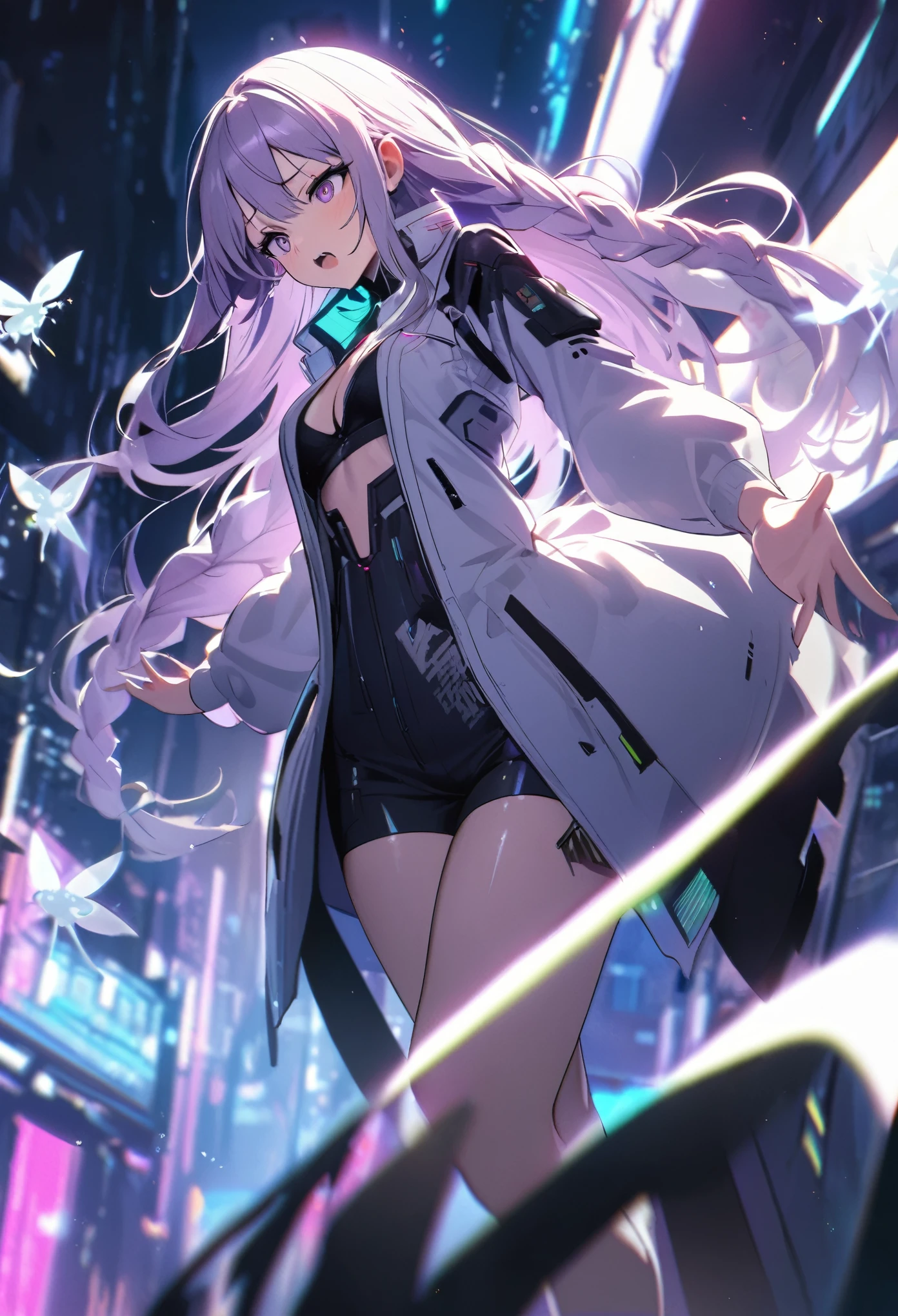 Girl with long hair in purple and white braids, High definition cyberpunk costume, Floating in the air with hands outstretched, Break, White fairy cat, Standing on the girl's hand, She has a cute face