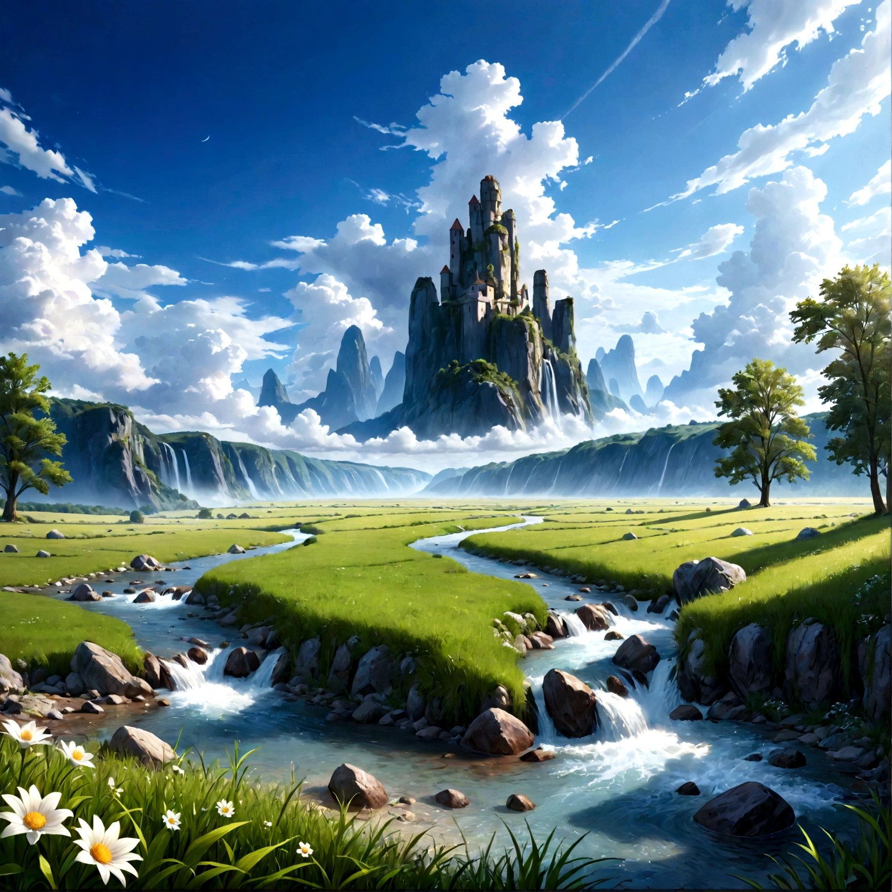 (landscape, masterpiece, best quality:1.6), no humans, landscape, 8K, RAW photos, absurd, (Sky,Blue sky:1.2), cloud, river, (Trees, Small waterfall, Weeds:0.8), view, Depth of Field, HDR, Clear focus, High resolution, photography, Practical, The most detailed, Extremely detailed, Super detailed, Fine details