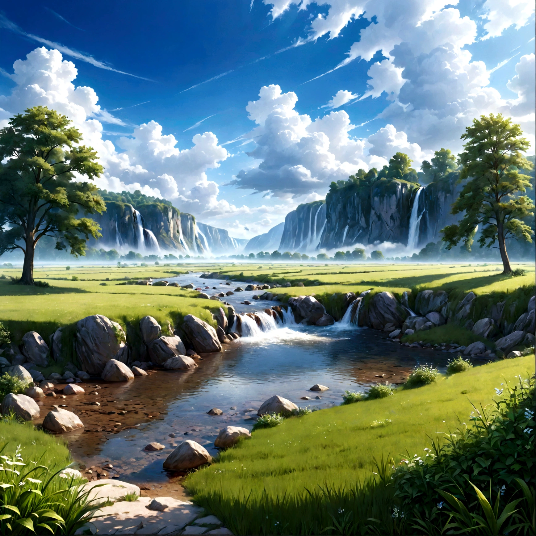 (landscape, masterpiece, best quality:1.6), no humans, landscape, 8K, RAW photos, absurd, (Sky,Blue sky:1.2), cloud, river, (Trees, Small waterfall, Weeds:0.8), view, Depth of Field, HDR, Clear focus, High resolution, photography, Practical, The most detailed, Extremely detailed, Super detailed, Fine details