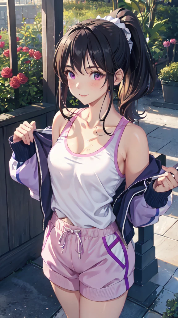 realisticlying,1girl,High ponytail,harelip,Blushlush,putting makeup on,Light smile,whaite hair,track suit,short skirt,wetclothes,with light glowing,upper legs,Purple eye,Bare shoulders,clavicle,a narrow waist,rays of sunshine,rays of sunshine,rosette,ventania,cleavage, (tmasterpiece), sweat leggs,Exposed milk,