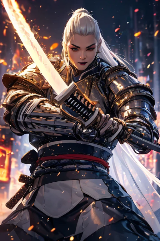 ((((Massive, tall, beautiful, buff, muscular light brown skinned female samurai with white hair, black lipstick, ginormous bulky muscles, holding a white fire sword and wearing an all white cyber samurai armor with pants)))), {close view}, black eyeliner, massive muscles, large breast, massive biceps, hyper muscle triceps, (long straight hair), blue eyes, samurai boots, In a futuristic city, sleeveless, steel samurai armor, nighttime, confident smile, hyper muscles arms, hyper muscle legs, ginormous arms