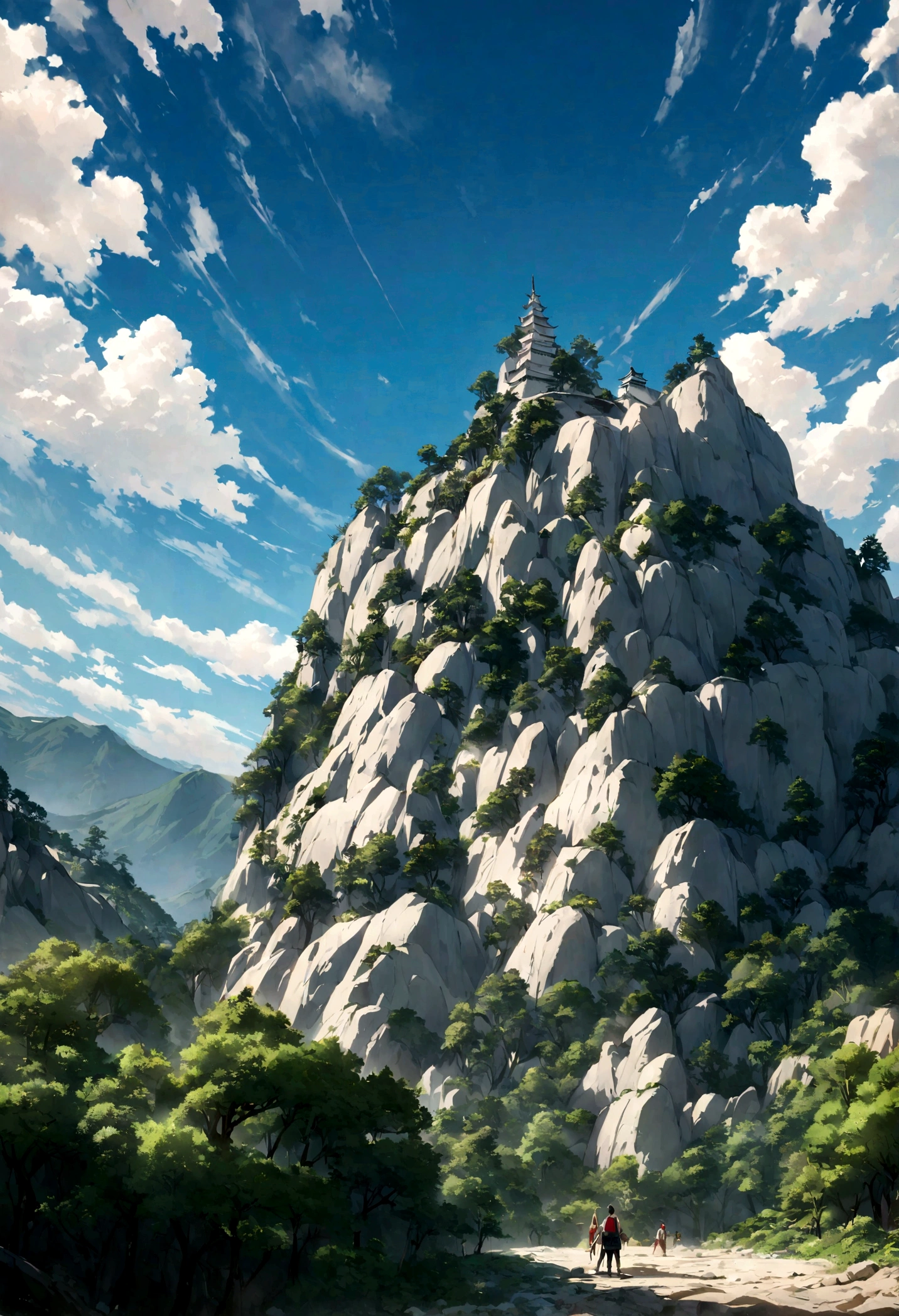 Pintura de tinta de paisaje chino, Low-angle perspective, escultura renderizada OC, Trees and hills, vibraciones matutinas con sol, 4k