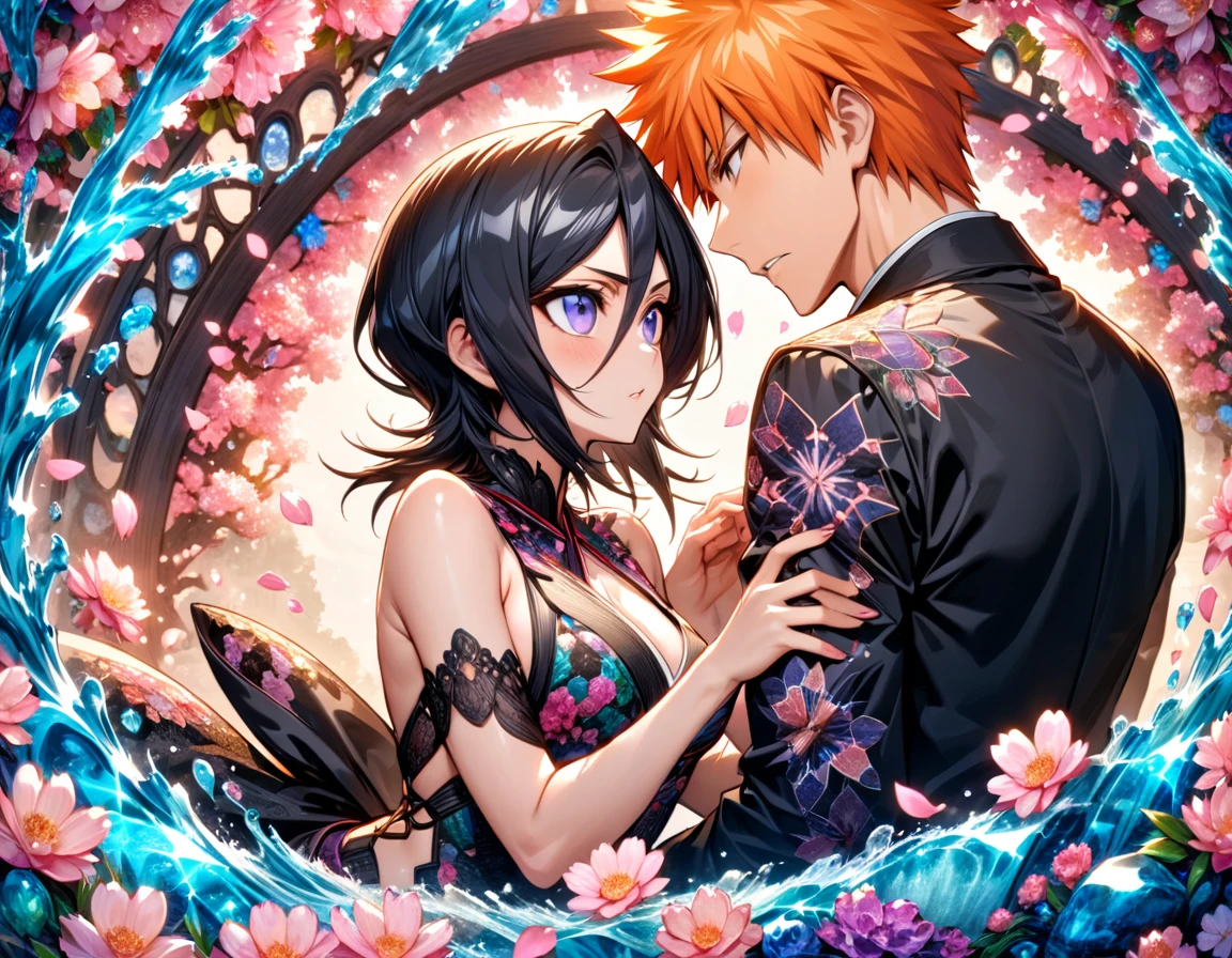 absurdres, highres, ultra detailed, HDR, master piece, best quality, Kurosaki Ichigo, orange hair, expressive brown eyes, Bleach, Kuchiki Rukia, black hair, expressive purple eyes, handsome man together with a beautiful woman, couple, black clothes, magical, fantasy, shining, water, pink flowers, blossoms, pink butterflies, pink petals