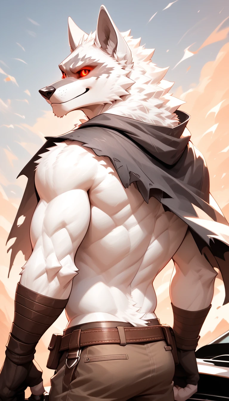 (furry_art), E621, adult content, mature, low-key light, by littleblackalas, NSFW, extremely_detailed, close up, drawing of puro (changed), (extremely detailed:1puro, mask, puro_(changed), adult), (dynamic posture: 1.5) anthro_wolf, arm bandages, exposed_chest, large chest, exposed upper body, shirtless, cargo_pants, large_bulge, bandages, black_chest hair, black_colored_full_body, tiny_head, bara, broad_shoulders, large_body, tail, very long legs, long arms, very tall, black_musculine_body, black_male_nipples, large_black_chest, black_abs, exposed_upper_body, exposed_lower_body, shirtless, (flexing position: 1.3), low camera angle, front_view_pov, open_legs, close_up_shot, warm_lighting, light_flare, volumetric_light, mountains, orange sky, Male focus, yofukashi background., Best quality, masterpiece, midsummer, expressive, (bokeh:1.3), depth of field.