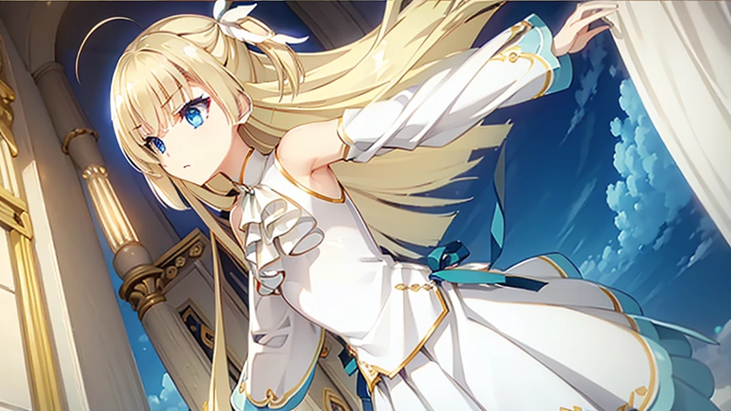 masterpiece,Highest quality,A dignified and elegant girl,Blonde hair and blue eyes,White tuxedo,God of Order,Light Shining on the Earth,The light of God,Temple of Order,Aurora