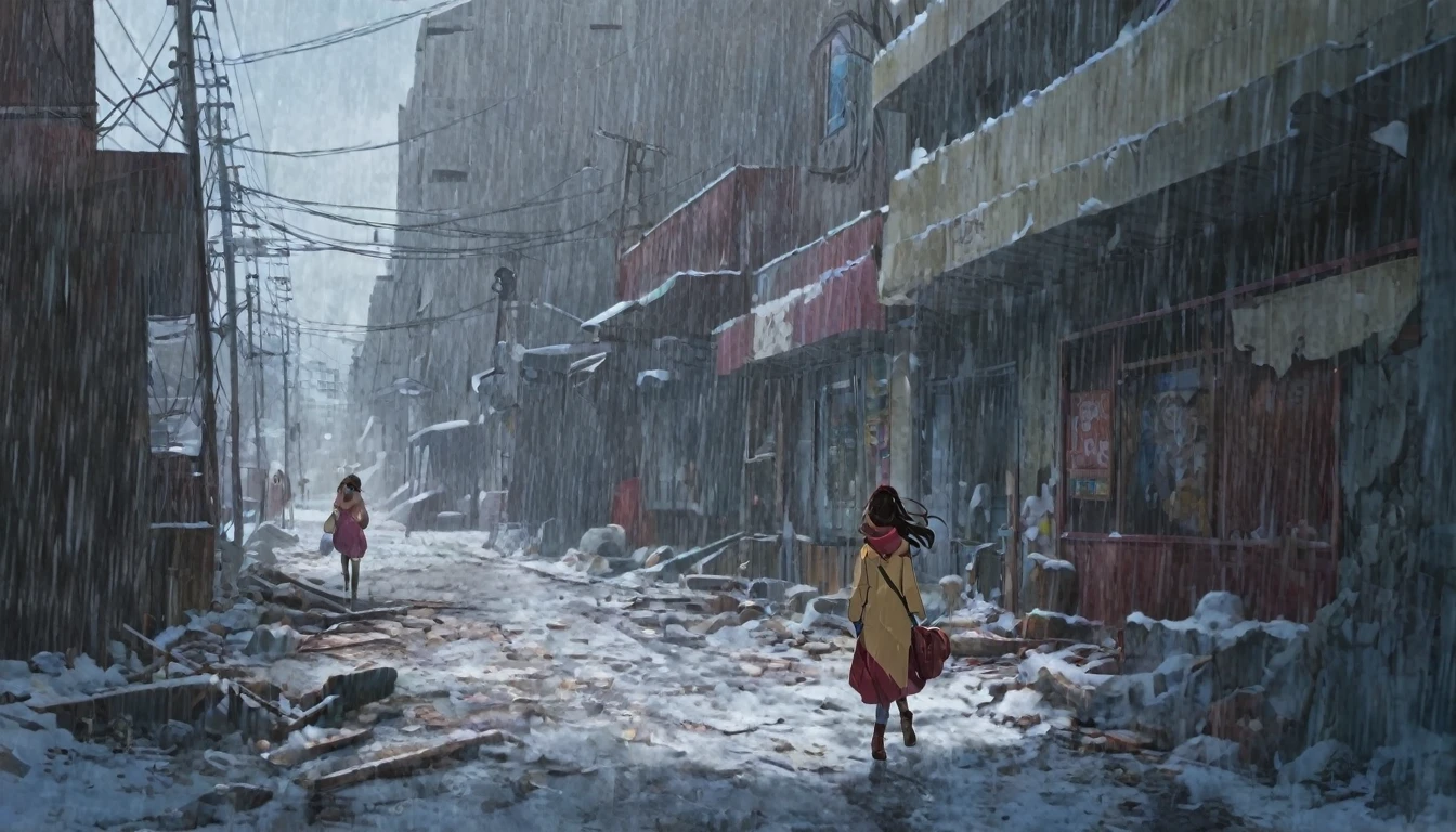 Imagen estilo anime, mujer caminando en el centro de una ciudad, ciudad detallada muy destruida, durante una intesa tormenta de nieve.