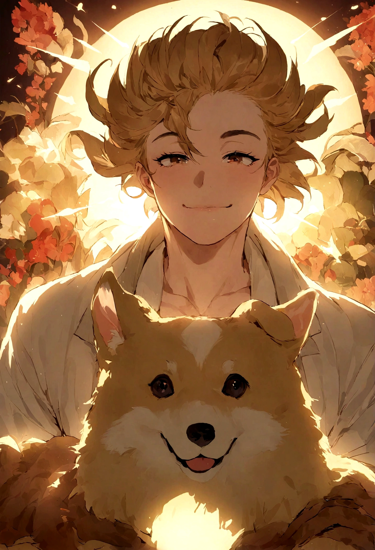 ，el perrito，Fresco y encantador，a warm color palette，escena caliente， sonriente，Apto para cachorros，Luz natural，sombra suave