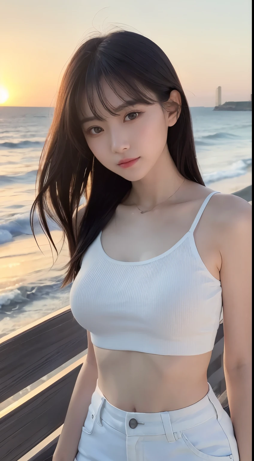 (logo、masterpiece、8k、Tabletop、RAW Photos、wonderful、最high quality、Photorealistic and Very detailed CG integrated 8k wallpaper、high quality、Very detailed、Narrative poem、Particle Effects、Dynamic Effects、Written boundary depth、Cinematic Light、Lens flare、Ray Tracing)、Fantasy、 (One beautiful woman、White pants、White T-shirt、White tube top、White crop top、Black-haired、Beautiful Face、True Face、Beautiful details、eye、Beautiful Skin、Ultimate Body、glamorous)、私の髪はWindに舞う、Hair flutters in Wind、Hair bounces、Seaside、wonderful景色、Coastal、sunrise、Sun in the background、Wind、Beach