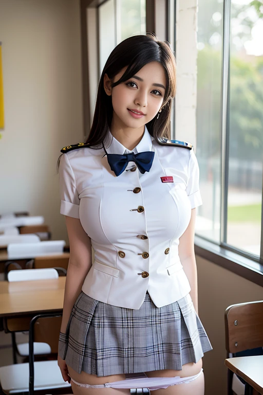 A beauty Pakistan model in student at classroom, (big breasts:1.3), beauty body sexy, dress uniform cosplay transparant, plaid mini skirt, white panty drop, sensual pose, open legs, smile, vivid colors, Bokeh