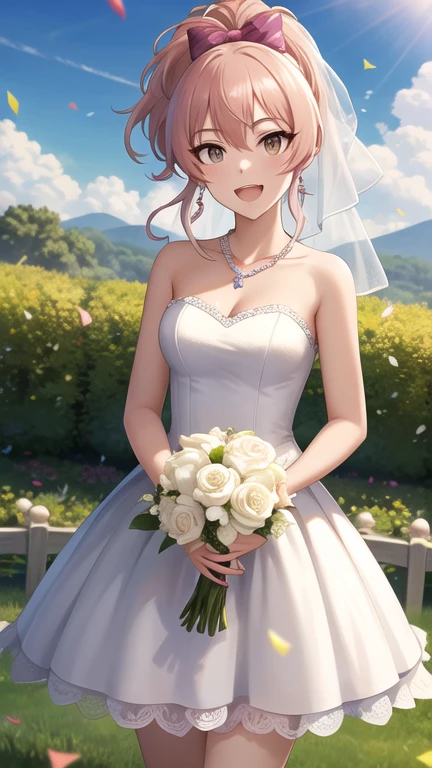 masterpiece, best quality, highres, aamika, ponytail, hair bow, wedding dress, strapless, necklace, white dress, garden, standing, cowboy shot, holding bouquet, open mouth, smile, confetti,