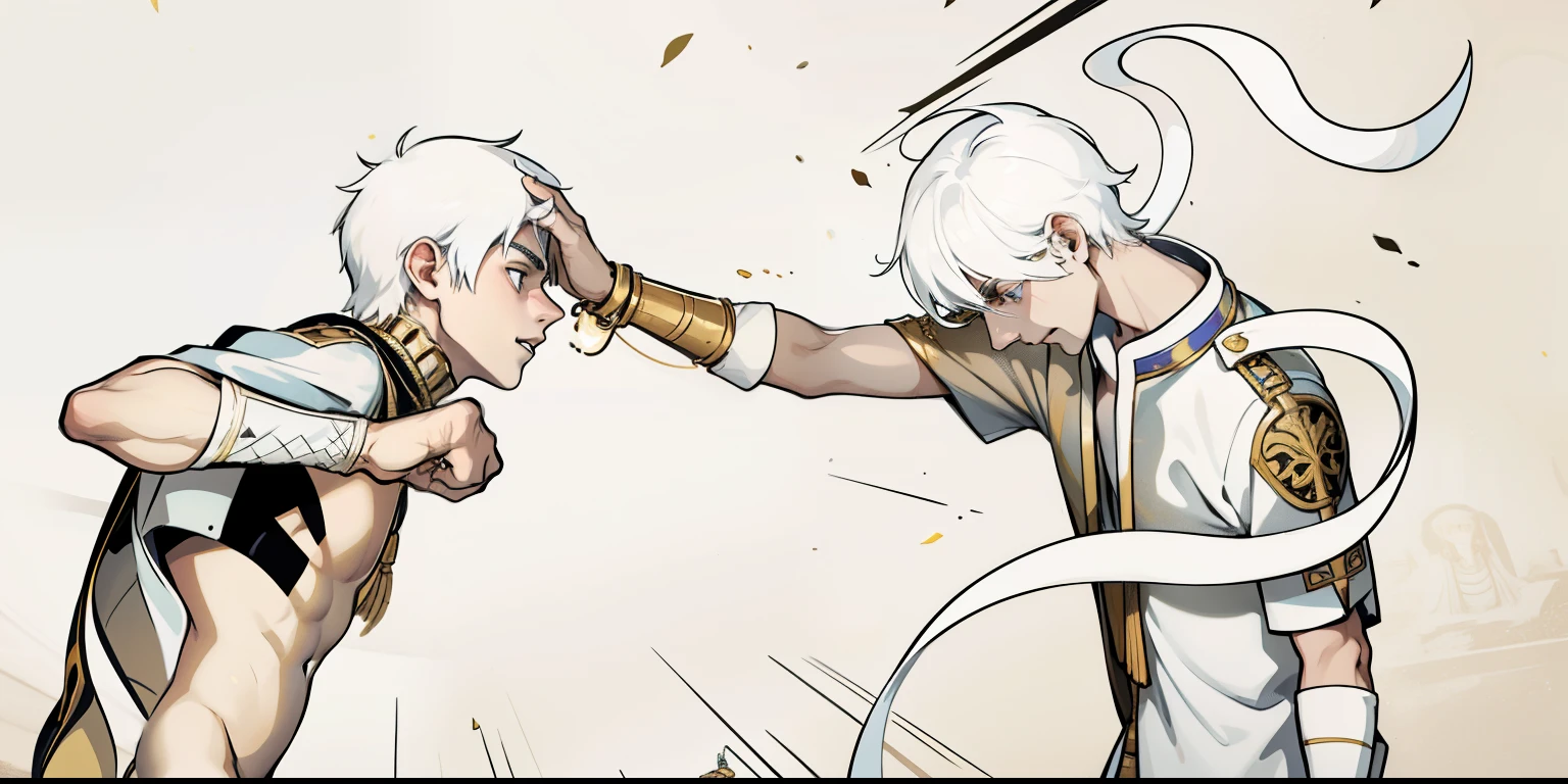 There are two 17-year-old boys with white hair in a fight, golden jewelry, they are in the room of a palace in Egypt, their clothes are black and yellow.
