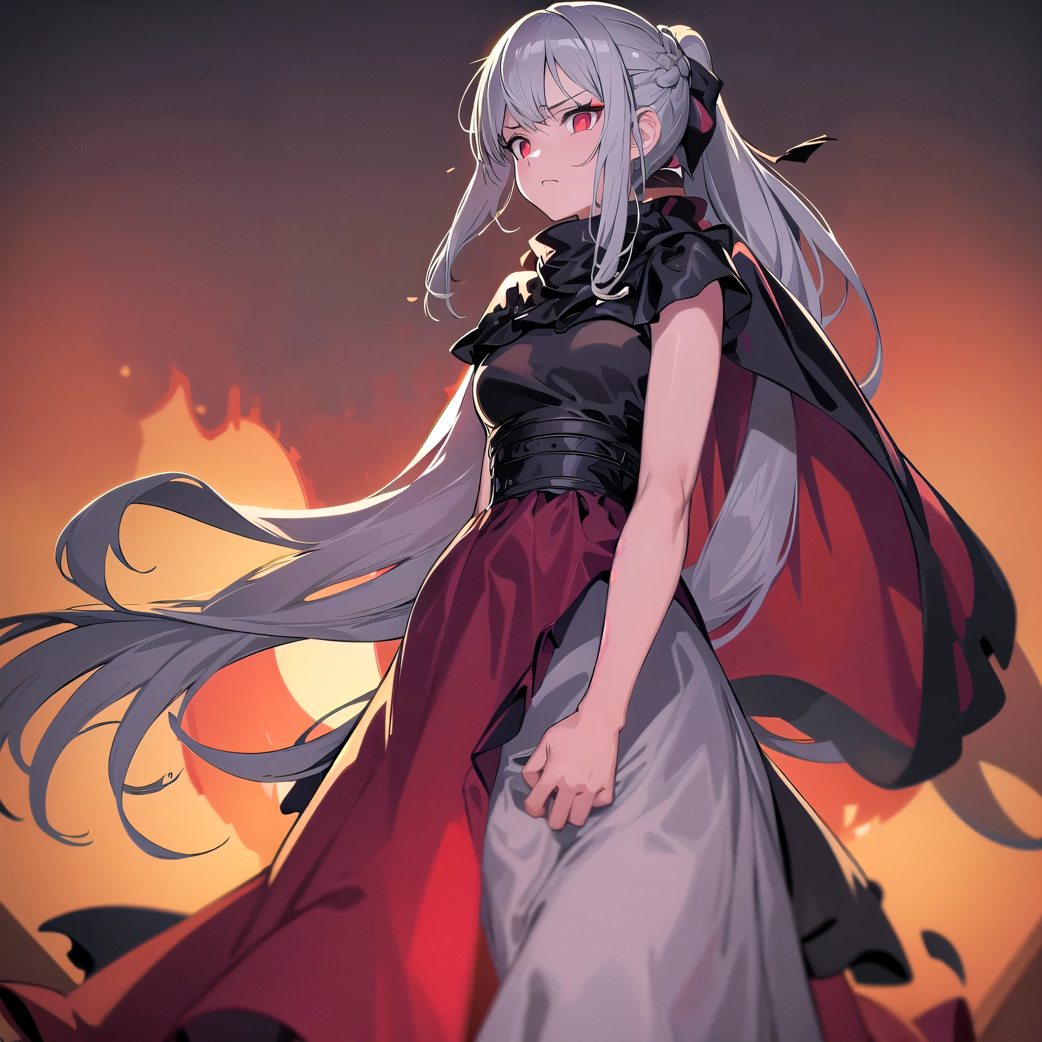 masterpiece, high quality, HCNONE, Pixel art, One girl, Gray Hair, ponytail, Red Gothic Dress, Simple golden background, Death Gaze, Solar eclipse background