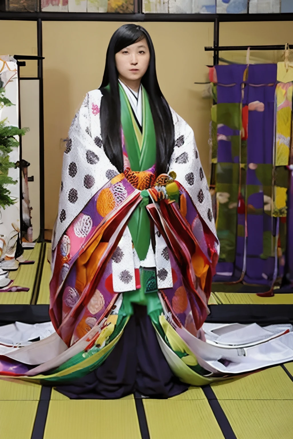 (masterpiece, highest quality:1.2), One girl, (beautiful japanese girl:1.2), juni-hitoe, solo, (full body), Straight long black hair、hiogi、court crest print, itutuginu, kasanenoirome, munamoto itutugine, sodeguchi itutuginu, suso itutuginnu, detail, Blank background, white background,