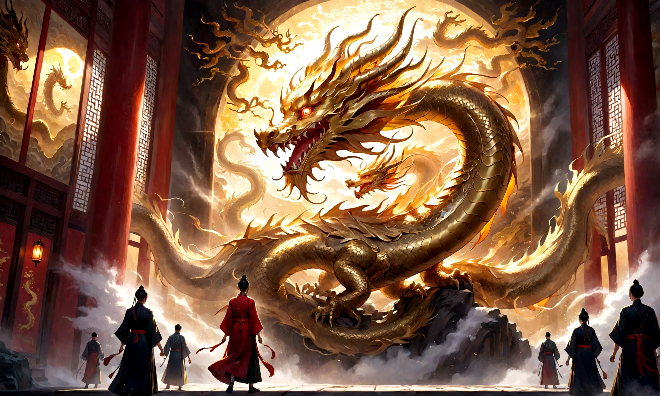 Golden dragon, the descent of a dragon god, gentle gaze, golden splashes, mysterious, divine light, mythical creature, Chinese dragon, fantastic background, ancient murals, mythical examples, the legend of Fuyao, speckled light, hazy haze, mysterious aura, masterpiece, fantastic, graceful dragon, good fortune, fantasy art