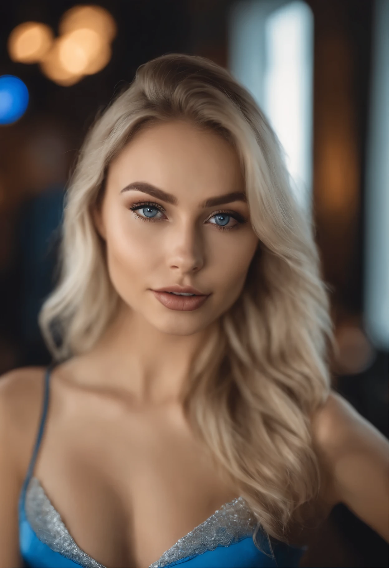 blonde woman posing in nightclub with matching tank top and skirt, Sexy girl with blue eyes, Portrait of Sophie Mudd, Blur the background, highest quality, One girl, Portrait of Corinna Kopf, Blonde hair and big eyes, Young woman taking a selfie, Ornmake, Natural Makeup, Look straight at the camera, Artgram Faces, Decentus Makeup, Great full body photo, In the room, Large breasts, blonde, Latina　NSFW 　A big man forcefully inserts his dick and makes her cum